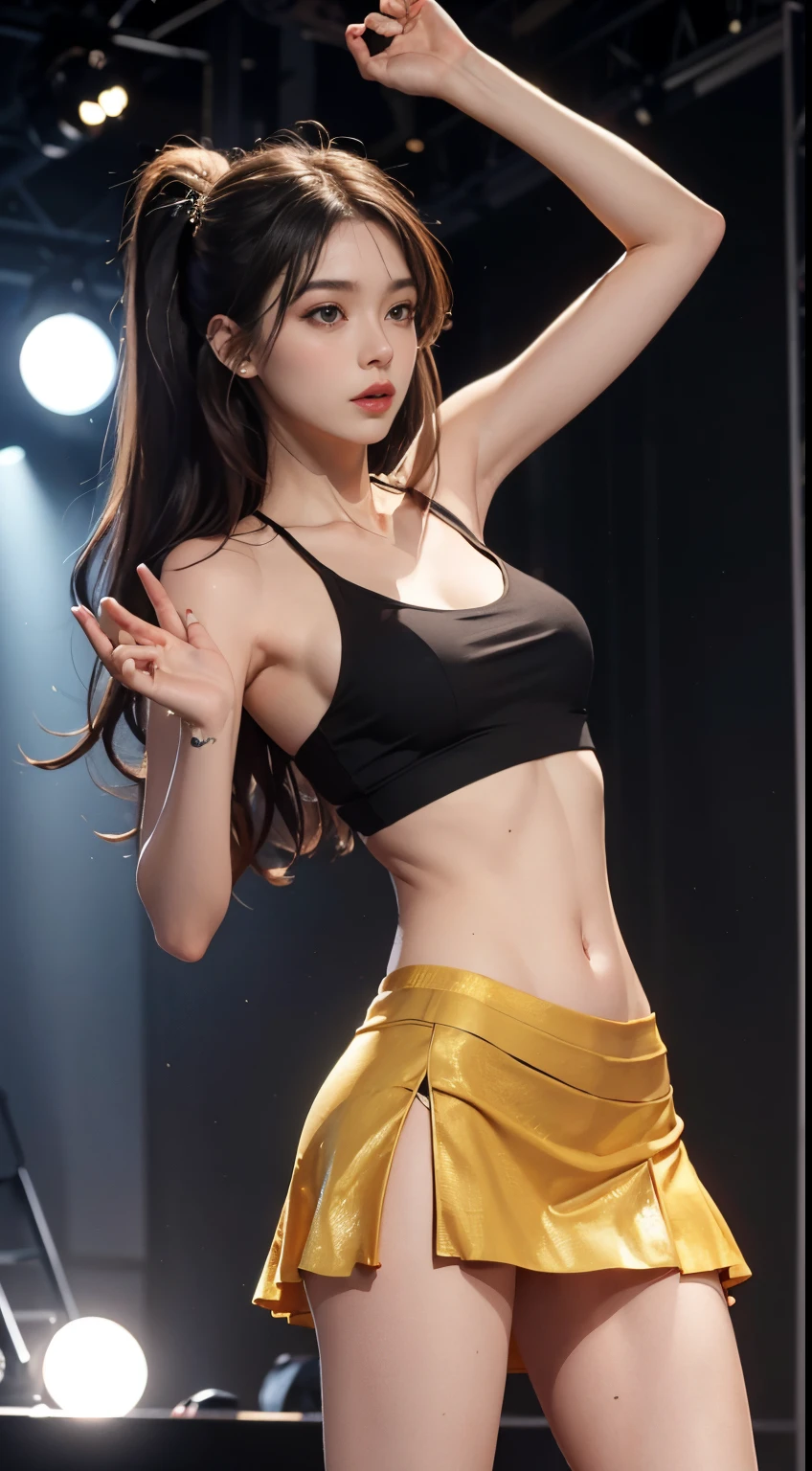 (Photorealistic),(Masterpiece),(ultra-detailed),a lose shot of very pretty tall but very thin and feeble and almost skin and bones,have no fat,extremely small head,extremely thin and slim thighs and legs,wearing a loose skirt and a tank top,171cm and 37kg,performing on a stage,20 year old idol member girl, has eaten almost nothing for a month due to how busy she is, somehow staying bright despite being extremely exhausted and hungry, feels like she could faint instantly but stays bright for her fans