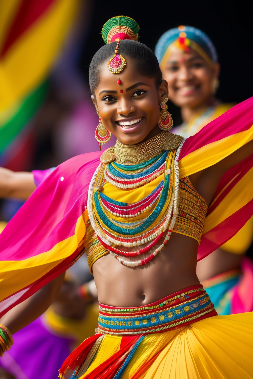 "Generate a top-quality, 8K masterpiece:1.3. A photo of a jubilant, ecstatic dancer leaping, adorned in flowing, colorful traditional attire, amidst a lively cultural festival taken with a versatile zoom 24-70mm camera lens. The image displays highly detailed fabric textures, radiant skin tones, and utilizes vibrant, dynamic stage lighting."