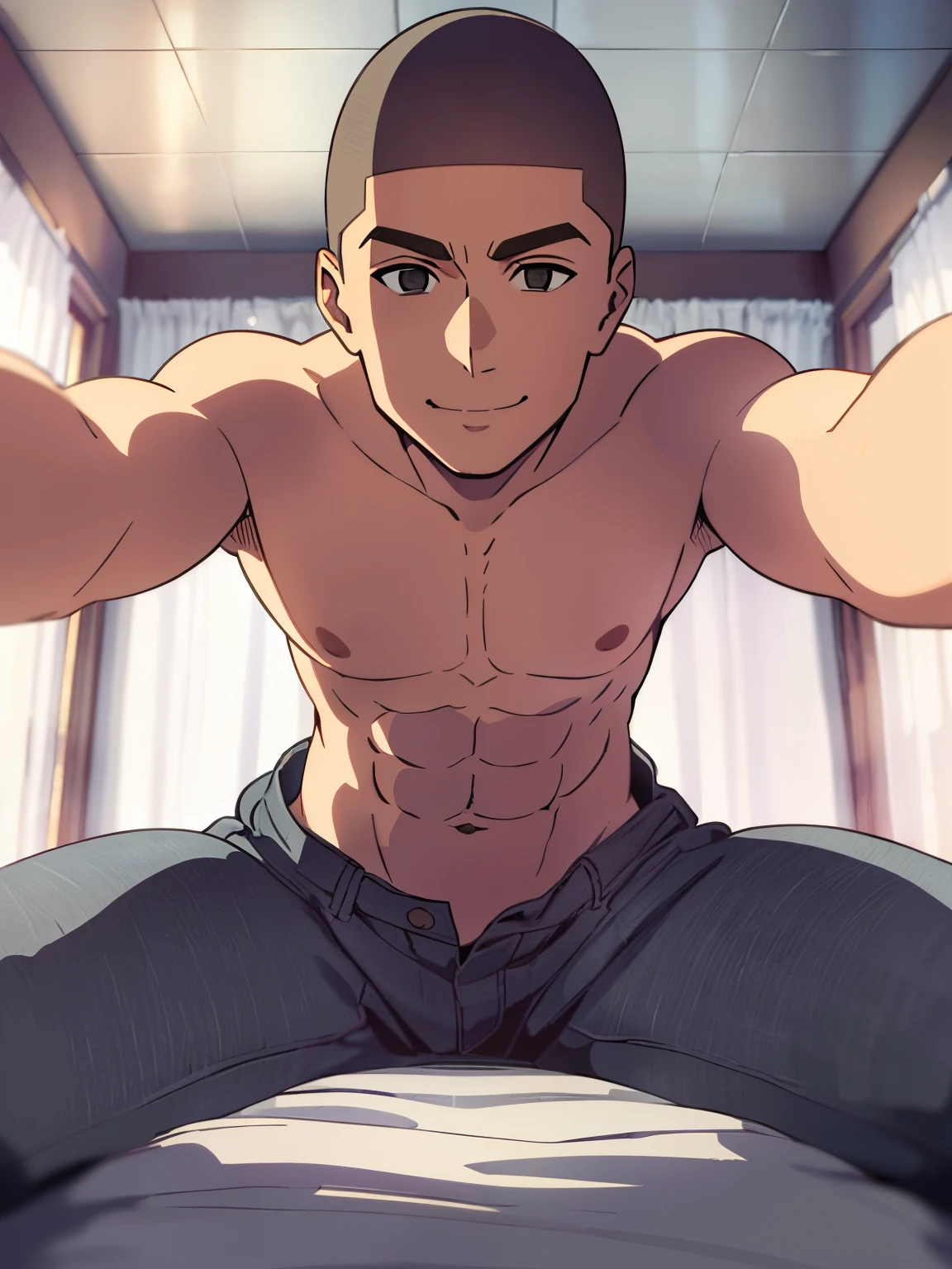 1boy, buzzcut, muscular, topless, gray pants, seductive smile, open arms for viewer, leaning forward, hug, buzzcut boy_on_top, straddling, pov, nsfw, black eyes, POV, full_body nsfw, spread legs, ceiling, looking at viewer:1.6