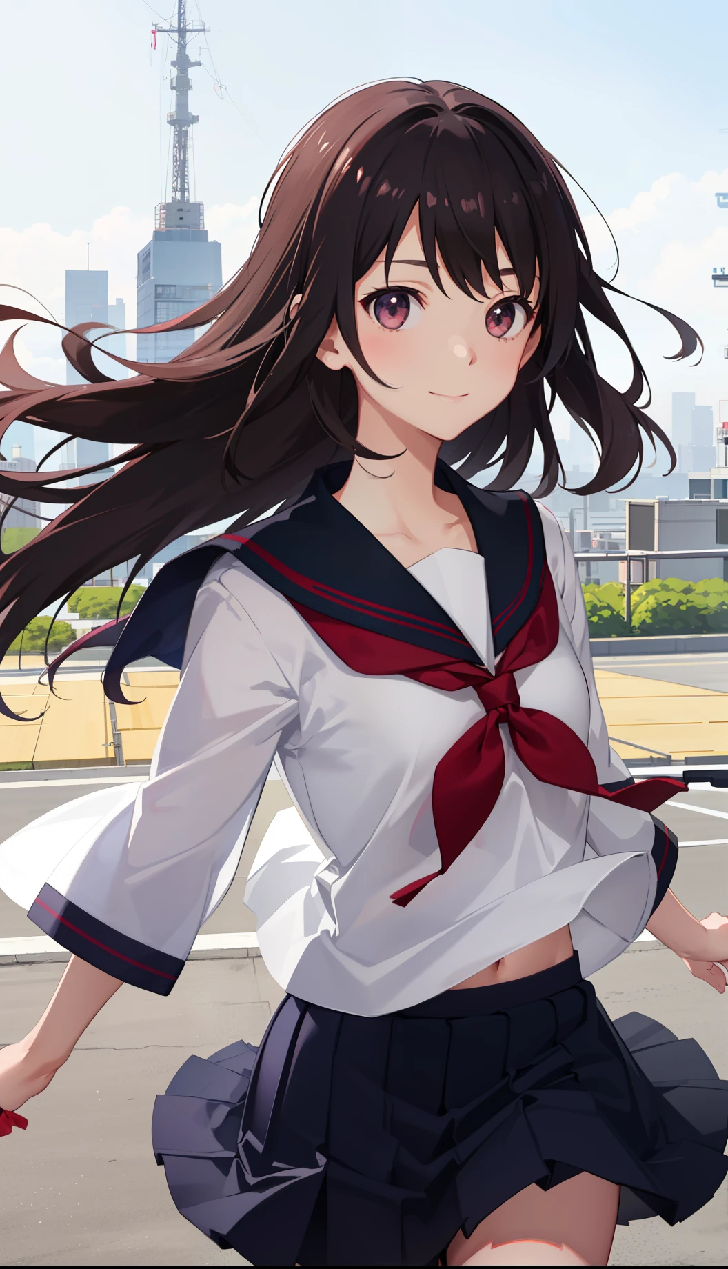 1girl in、AS-Adult、A smile、Light in the eyes、japanese hight school uniform、serafuku、by the wind、skirt by the、gust of wind、(small tits)Chilarism、movement、Upper body portrait、Running、In the thighs、