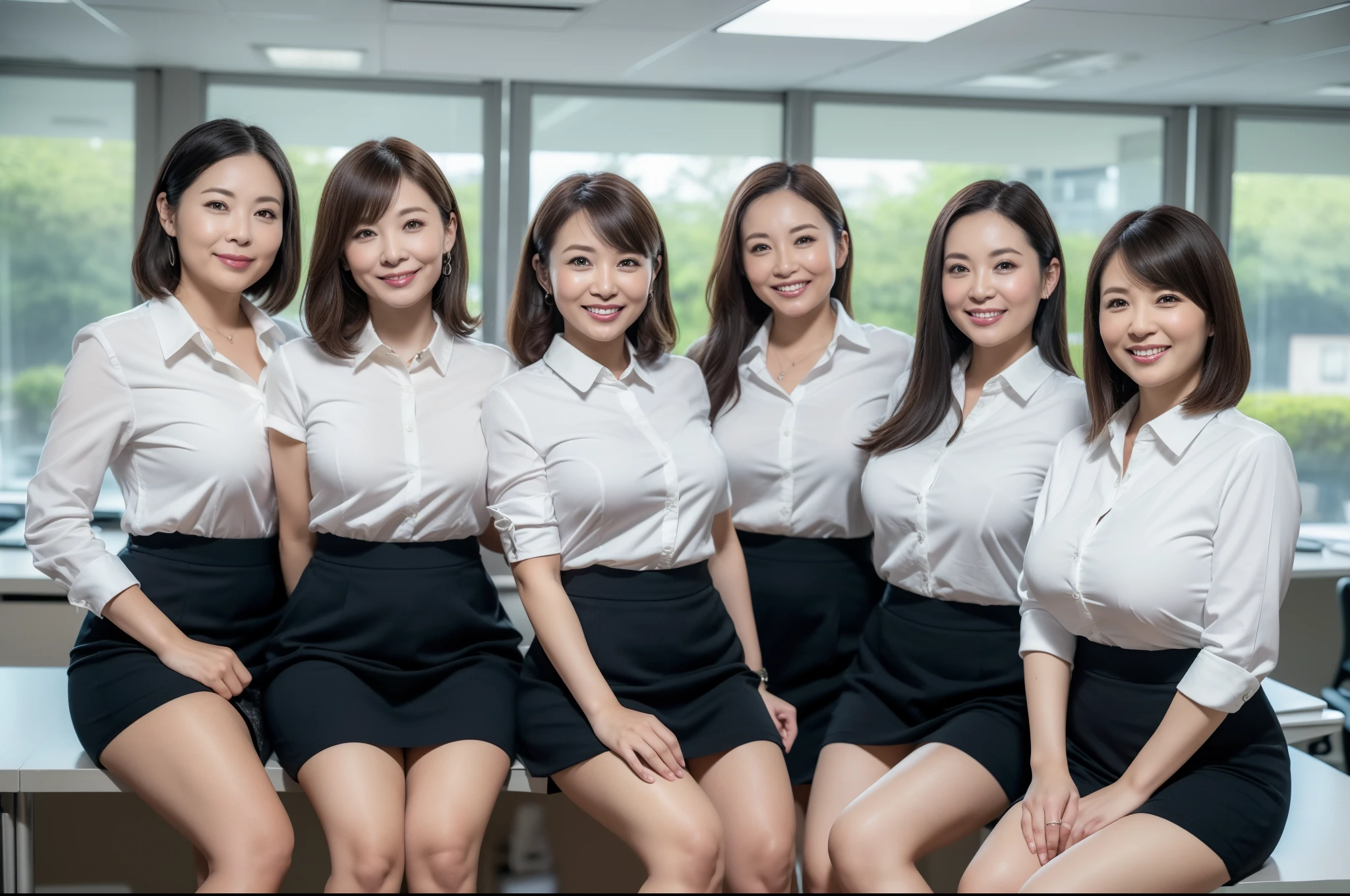 ((Best Quality, 8k, Masterpiecedetails, ultra-high resolution)), (group picture),(looking at the viewer), (full shot:), attractive business 5 milfs, 5 people, a bit chubby:0.25, seductive expression, white collared shirt, grey skirt, (sitting with cross legs on office desks)), smile, office of CEO,