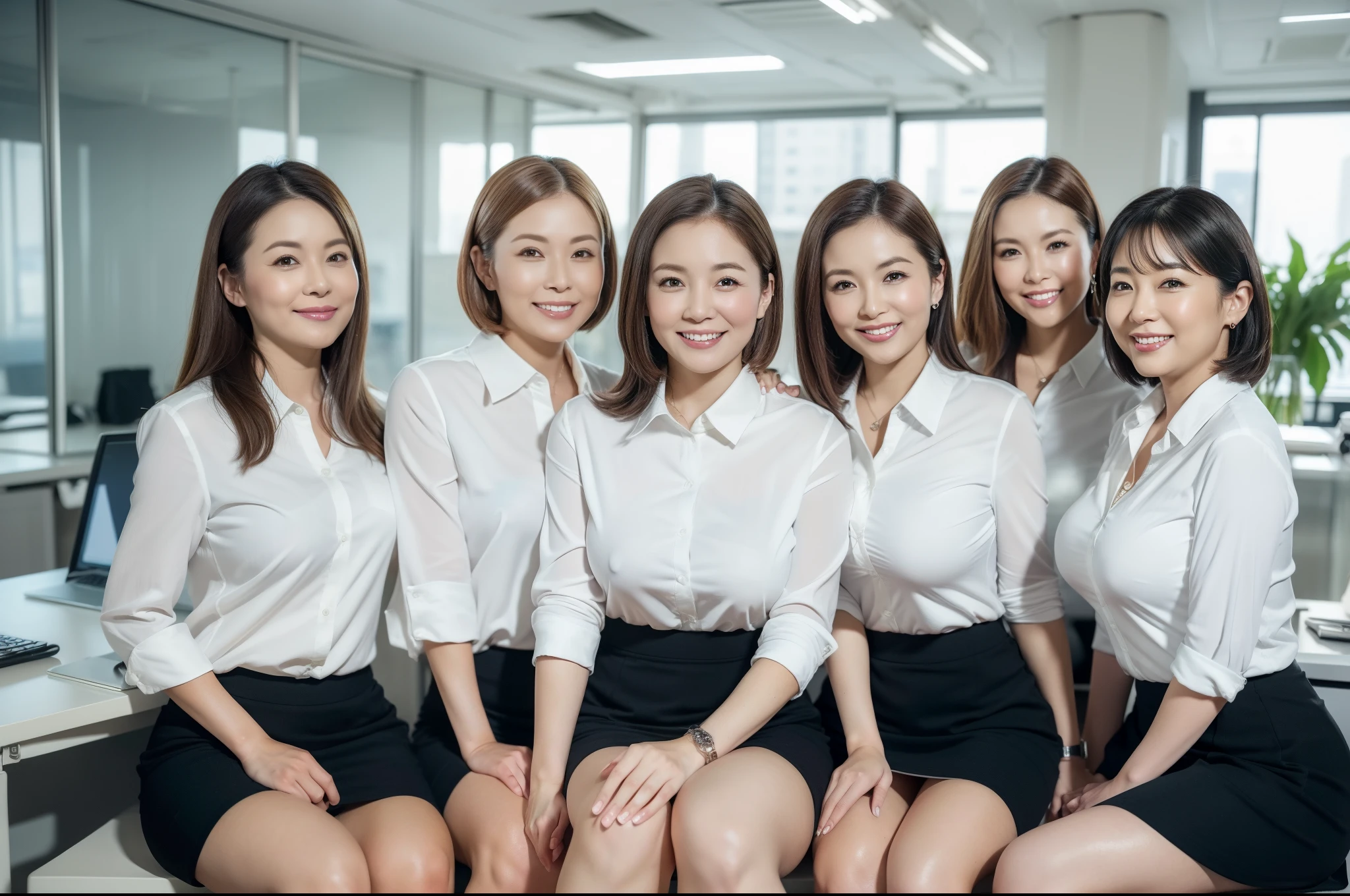 ((Best Quality, 8k, Masterpiecedetails, ultra-high resolution)), (group picture),(looking at the viewer), (full shot:), attractive business 5 s, 5 people, a bit chubby:0.25, seductive expression, white collared shirt, grey skirt, (sitting with cross legs on office desks)), smile, office of CEO,