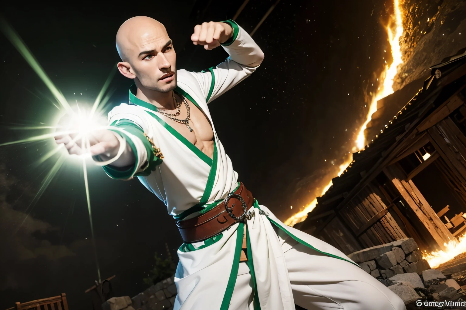 A bald monk of European descent. He has green eyes and red eyebrows. He is athletic and around 25. He is in a white robe with green trim. He has a holy symbol of Bahamut on a necklace. He is in a fighting stance. He is the source of a bright yellow explosion of light. He is fighting in a European medieval village at night. Show him from head to toe