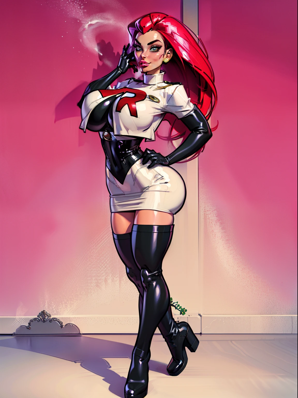 John Tenniel art, frustrated Greer Grammer wearing a stately and elaborate Jessie from Team Rocket uniform, (defined cheekbones), (puffy lips), smirk, ((defined eyebrows)), (((long red hair))), rosebuds, embroidery, (gigantic breasts:1.3) with ((black thigh high boots)), an hourglass waist, and a (((team rocket uniform))), (((black elbow gloves))), elaborately curled and styled hair