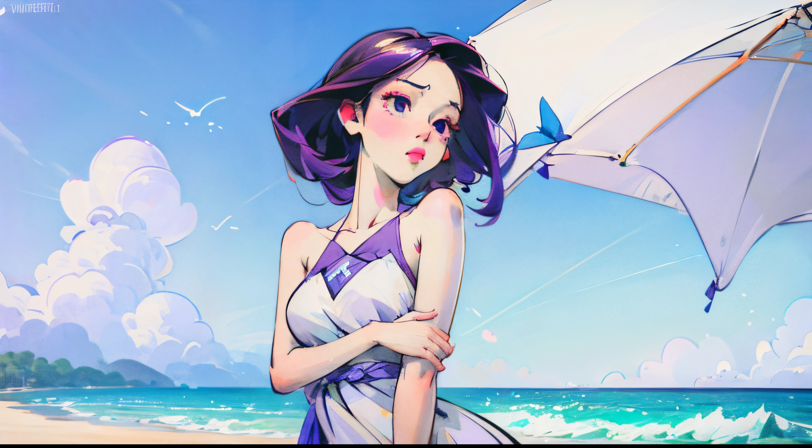 1 busty girl,A high resolution, high high quality, tmasterpiece, mxmkWhiteDress, exposed bare shoulders, a purple eye, White dress, woven, influencer, sea beach
