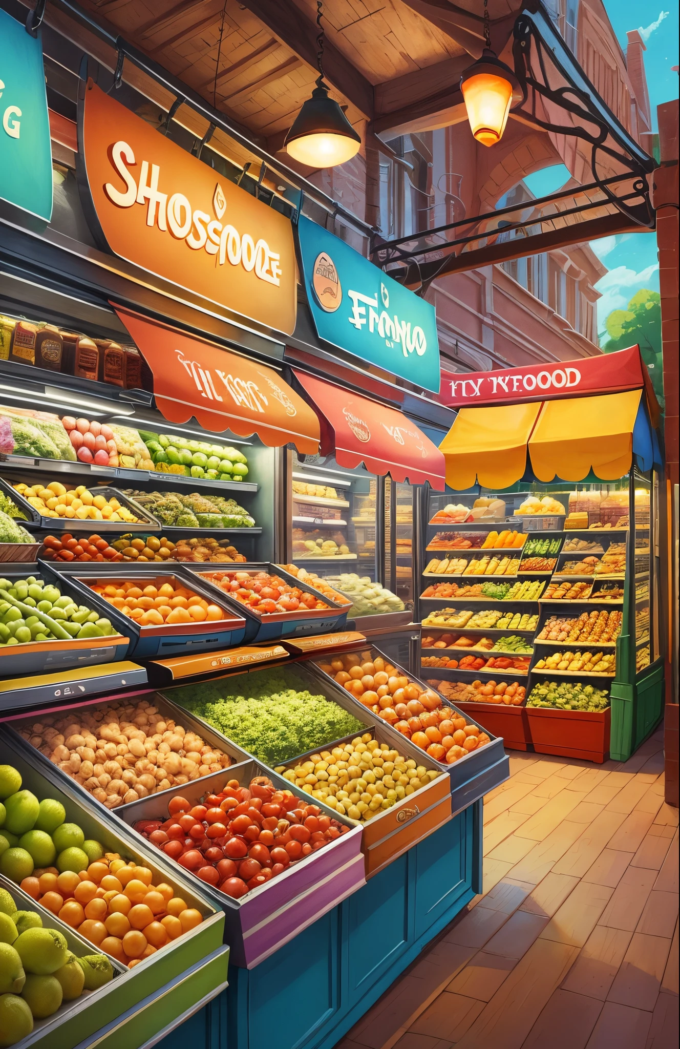 Cartoonish, bright colors, whimsical, town showcaseing food, vegetables, fruit, fast food in a disney pixar style --auto --s2