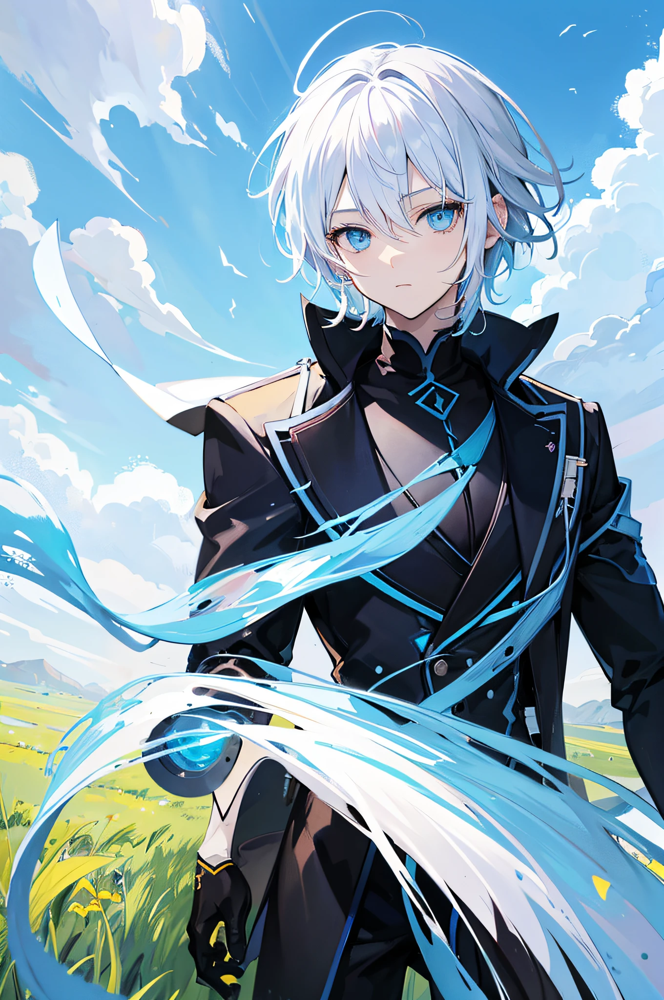 White-haired anime boy，blue color eyes，high and cold，2D art style，Manhwa Style，beautiful weather，grassy fields，outing，Black suit，Advancedsense