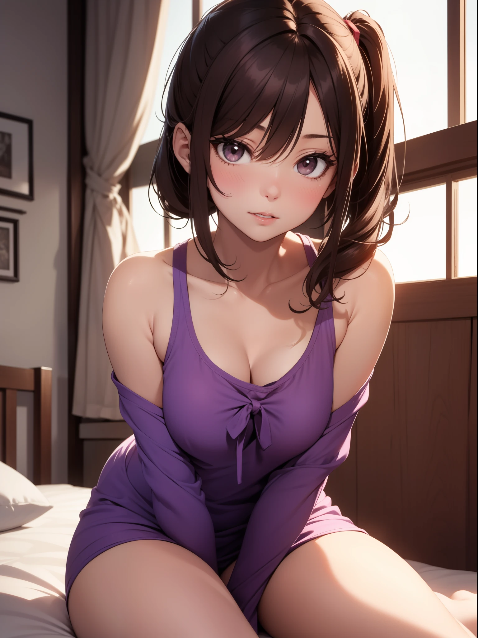 Cute sexy girl, The brunette is tied into two medium ponytails, Suggestive sexy eyes, dark brown colored eyes, small-nose, red open suggestive lips, Blushing terribly, coll, 鎖骨, Oversized purple T-shirt, Bare shoulders, medium chest circumference, Chopping, Wide hips, pink short, Thigh thick, pretty legs, duty posture, Lie down in bed, facing to audience, look, Lewd expression, sexy for, dark chamber, A warm light