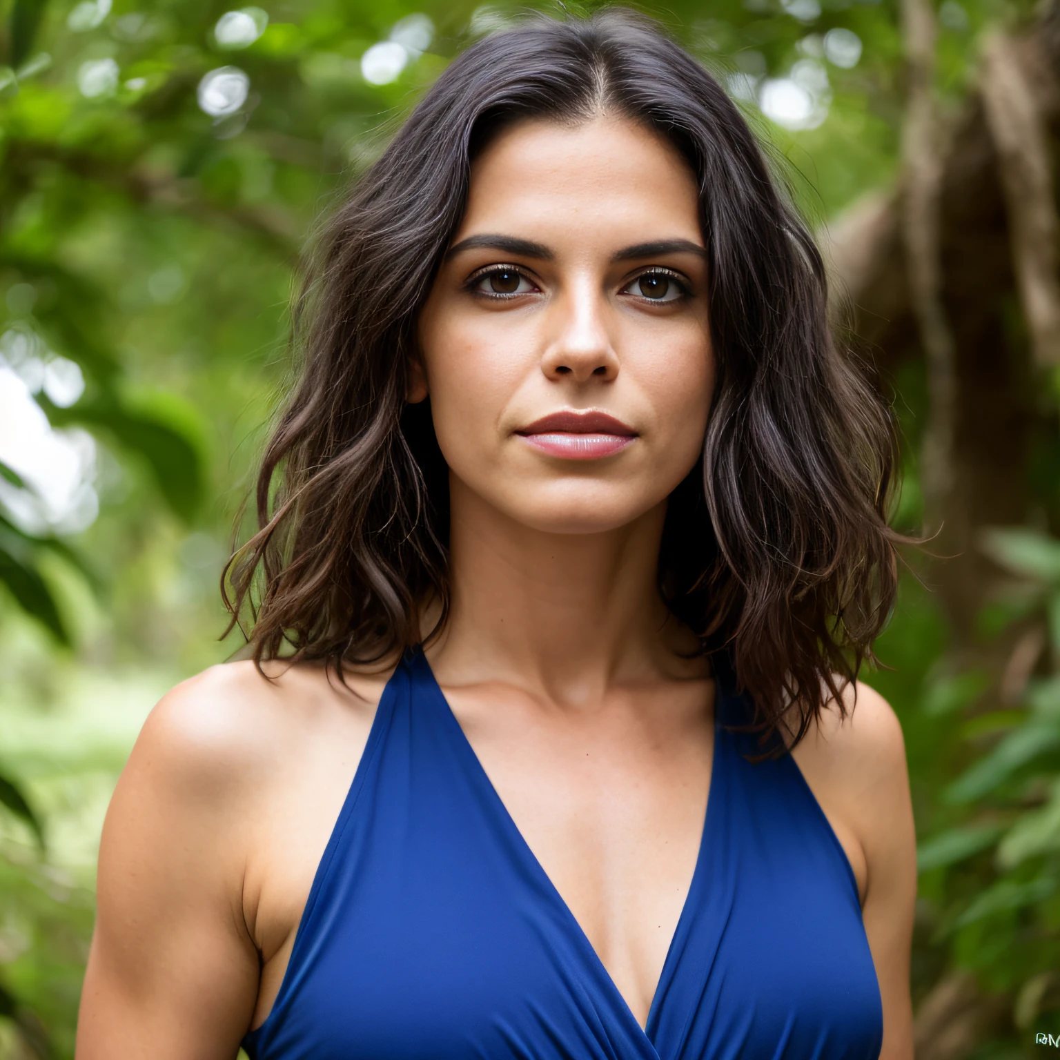 Mulher 30 anos adulta, Cabelo preto enrolado , musculoso, , em um nascer do sol na montanha, vestido,cumprido,azul,petroleo, supermodelo bronzeado muito escuro, beautiful face, olhos azuis, corpo detalhado, olhos perfeitos, rosto perfeito HDR, Fotoreal, fotografia, melhor qualidade,