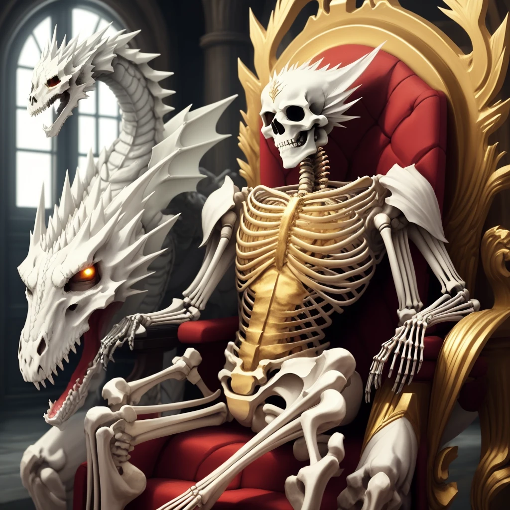 Skeleton sitting on a golden throne with a white dragon