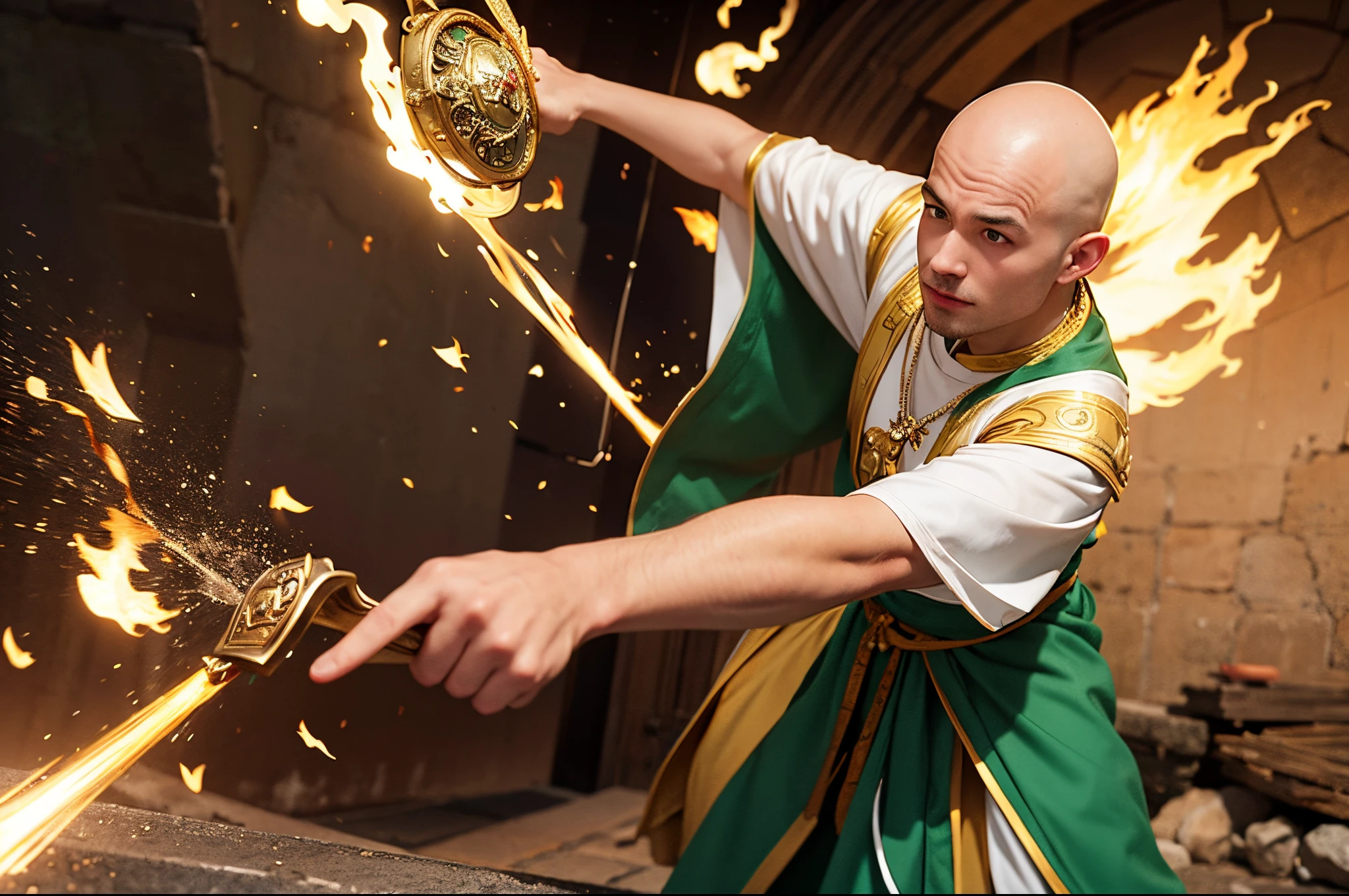 A bald monk of European descent. He has green eyes and red eyebrows. He is athletic and around 25. He is in a white robe with green trim. He has a holy symbol of Bahamut on a necklace. He is in a fighting stance. He is the source of a bright yellow explosion of light. He is fighting in a European medieval village at night. Show him from head to toe