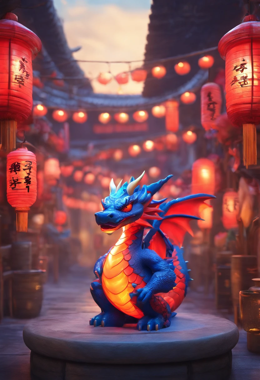 Cute blue dragon baby IP sitting on clear glass bottle，Red lantern，and tall red city walls，There is koi in the glass bottle，Glass reflective blue smooth and delicate skin，eyes with brightness, modeled, Delicate gloss,clean backdrop, Good gloss, 3Drenderingof,Best quality at best、Dark and fluorescent world view，ultra - detailed、8ｋ、Realistic depiction、Lively night market in the background、fire works、Firecrackers，oc rendered，hyper realisitc，Best quality，8K，Works of masters，ultradetailed，