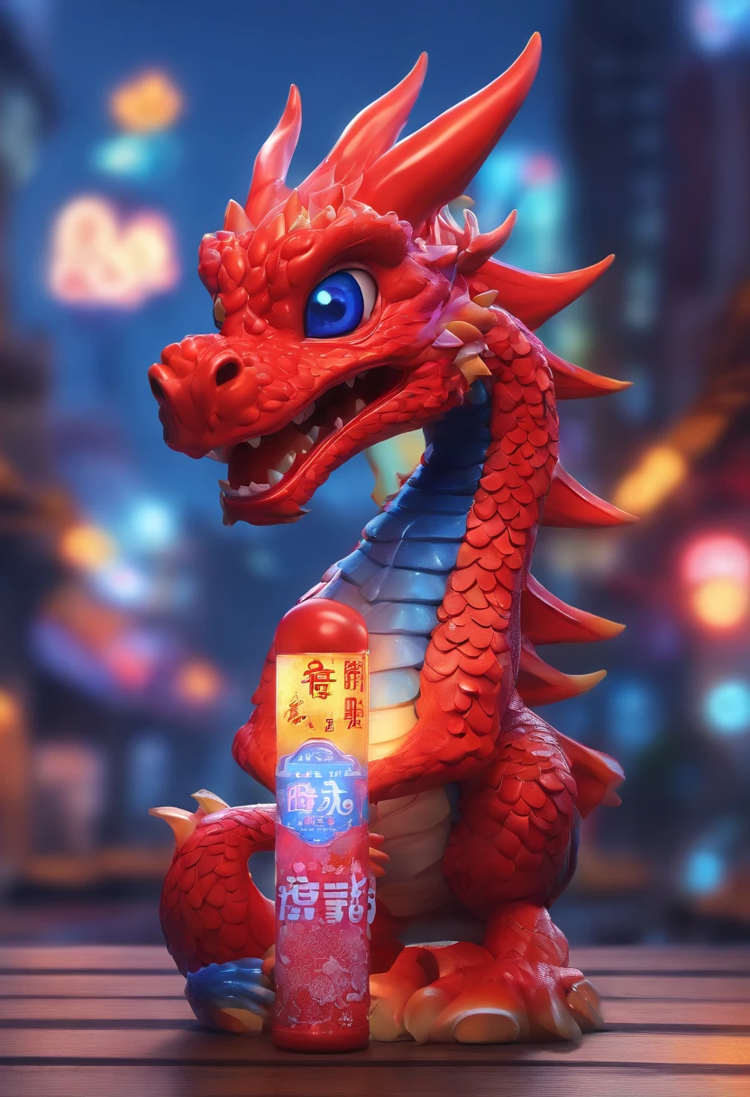 Cute blue dragon IP sitting on clear glass bottle,Red lantern,and tall red city walls,There is koi in the glass bottle,Glass reflective blue smooth and delicate skin,eyes with brightness, modeled, Delicate gloss,clean backdrop, Good gloss, 3Drenderingof,Best quality at best、Dark and fluorescent world view,ultra - detailed、8k、Realistic depiction、Lively night market in the background、fire works、Firecrackers,oc rendered,hyper realisitc,Best quality,8K,Works of masters,ultradetailed,