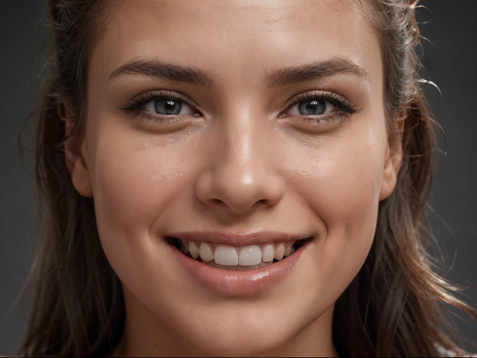 (best quality,highres,ultra-detailed:1.2),portrait,beautiful smile,grey background,teeth whitening,youthful appearance,confident expression,sharp focus,professional,stunning lighting,vivid colors,subtle color tones