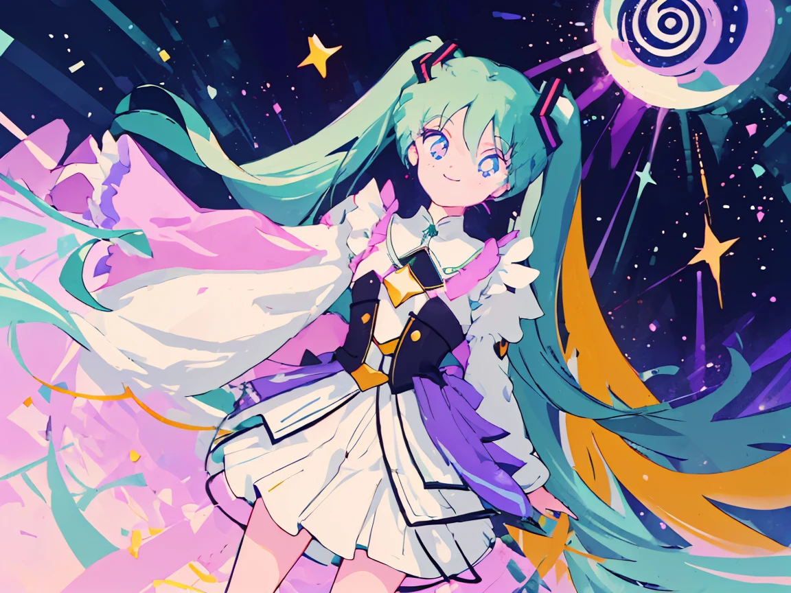 (1girl),(Pop style,flat colors,star pattern,pastel,shiny eyes,Smile,Cosmic atmosphere,colored lineart,outline,simple,Night background, macro shot,pastel night aesthetic),((Masterpiece)), hatsune miku, full height, waist-high