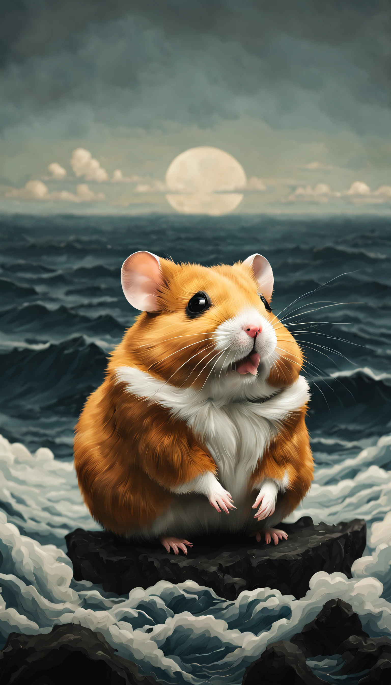 Hamster on the vast sea,Felicia Simien and Studio Ghibli-style minimalist photography,Maximalism,fine art,电影灯光,negative space,Dark art,ultra-realistic realism,ukiyoe painting