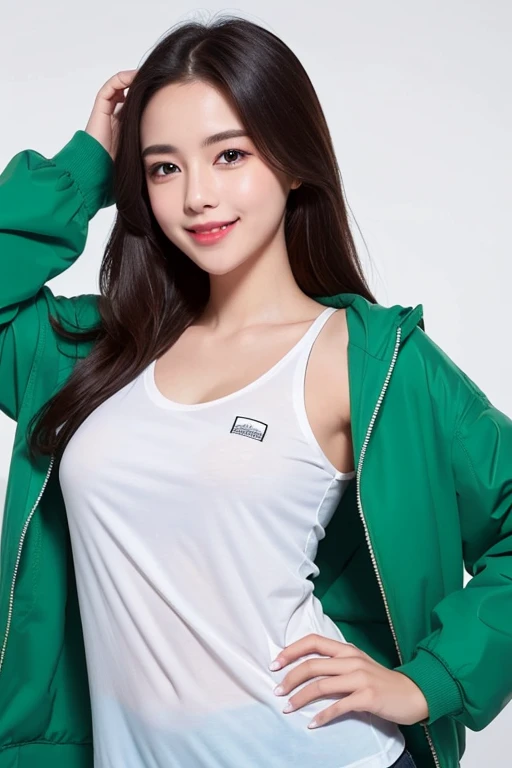 open-mouth smile,a beauti,blue color eyes,long whitr hair,White T-shirt,Green jacket,fundo vermelho((Best quality at best)), ((tmasterpiece)), (Detailed pubic hair),
