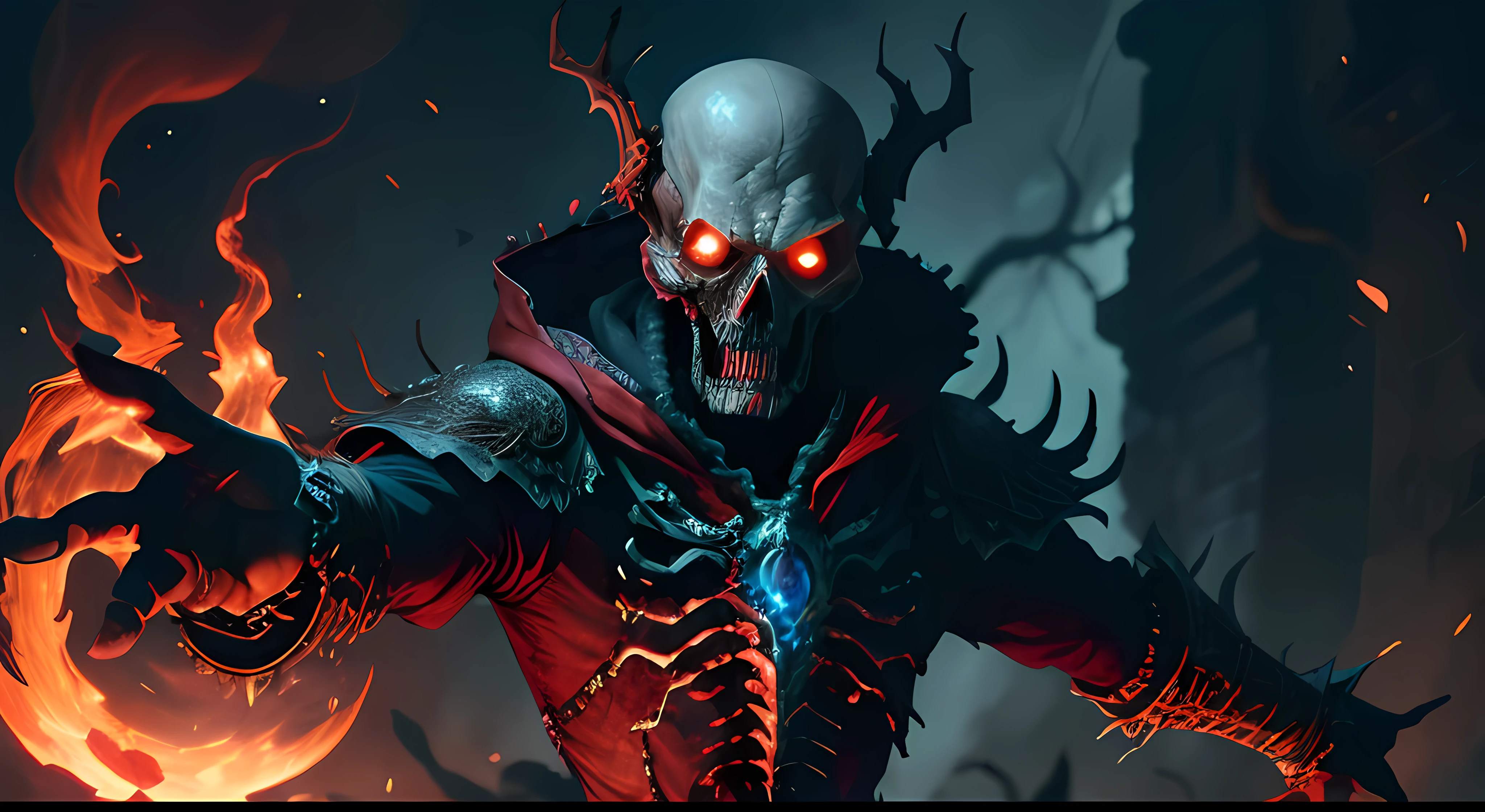 "Highly detailed and intense depiction of a fearsome necromancer, dramatically captured in mid-ground and ultra-detailed 8k wallpaper, demonstrating intricate complexity."