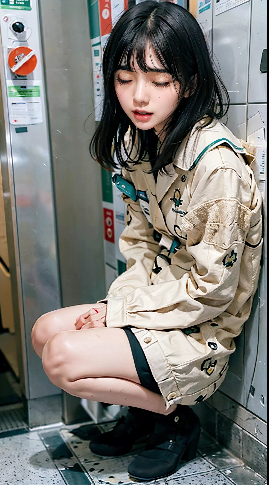 (Remote Play), ((shool uniform)), (In the elevator:1.5), (Eyes closed:1.5, Open mouth:1.5, Drooling:1.5, Slouching posture:1.5, Leaking:1.5), 1womanl, 独奏, 18year old, 7headed body, Ideal ratio body proportions, erectile nipple, Sexy body, Medium Hair, A dark-haired, small tits, A slender, Small buttocks, beauty legs, Skinny Legs, surrealism, Cinematic lighting, depth of fields, One-person viewpoint, F/1.8, 135 mm, nffsw, masutepiece, ccurate, Anatomically correct, Textured skin, Super Detail, high details, High quality, awardwinning, Best Quality, hight resolution, 8K