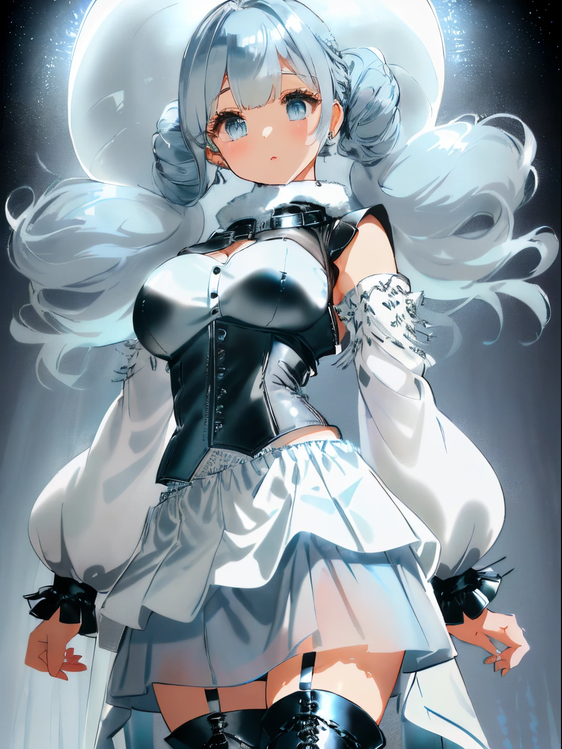 (Loose flared sleeve tops),(Black leather type bustier vest),((white maxi chiffon skirt)),(Winter clothes),((long-sleeve)),(Short curly hair),((A hairstyle that combines a light blue inner color with a silver base)),((platform black leather boots)),(Standing like a model),((Cute poses)),((close up of face)),Kamimei,