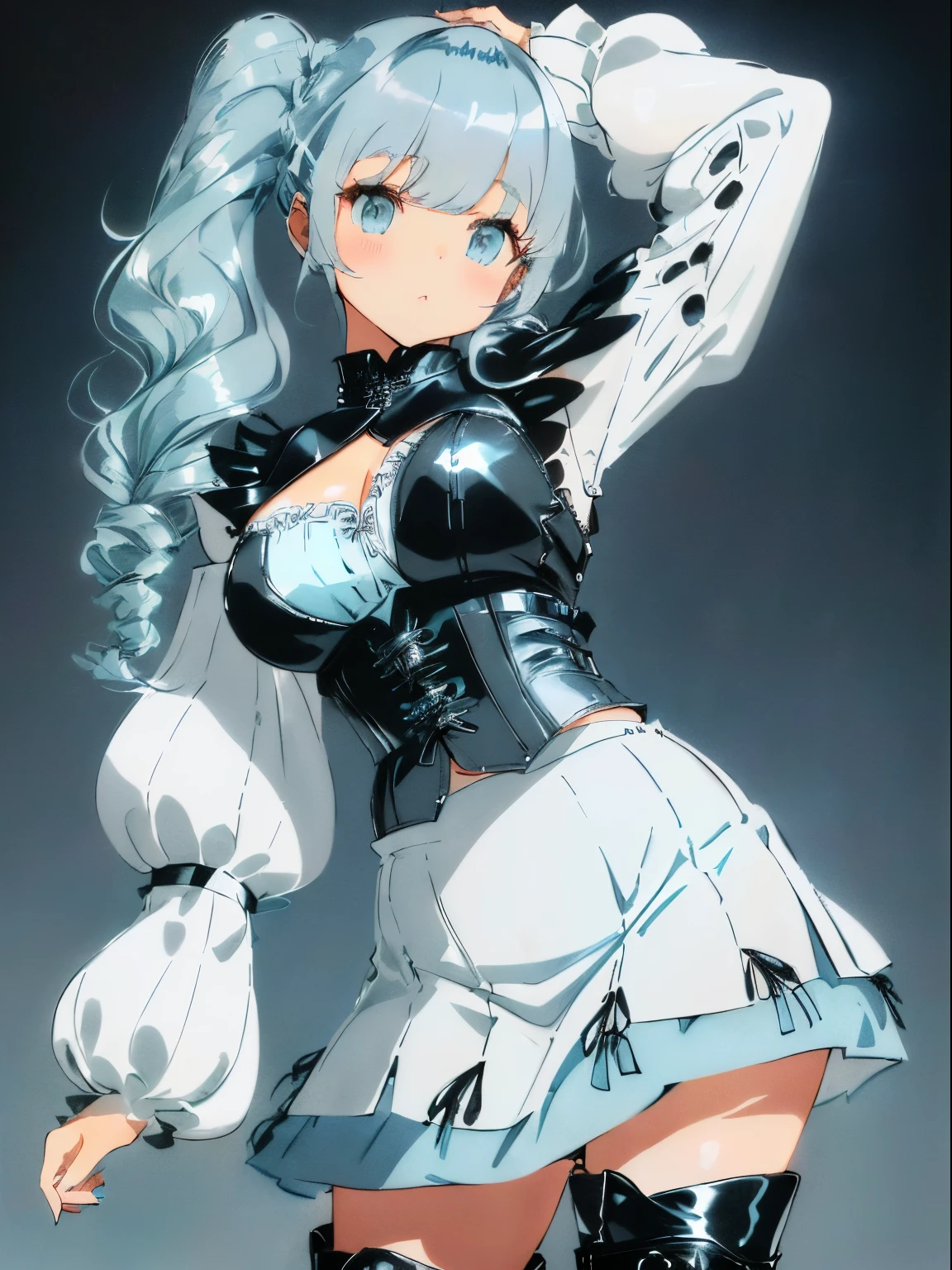 (Loose flared sleeve tops),(Black leather type bustier vest),((white maxi chiffon skirt)),(Winter clothes),((long-sleeve)),(Short curly hair),((A hairstyle that combines a light blue inner color with a silver base)),((platform black leather boots)),(Standing like a model),((Cute poses)),((close up of face)),Kamimei,