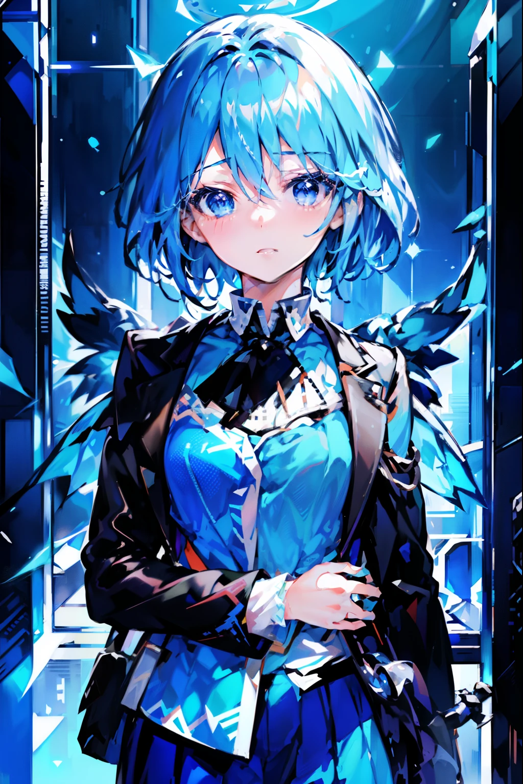 anime - style image of a woman with blue hair and a black jacket, an anime portrait of cirno, high detailed official artwork, from arknights, official artwork, detailed digital anime art, cirno, trending on artstation pixiv, digital art on pixiv, guweiz on pixiv artstation, pixiv daily ranking, detailed anime character art