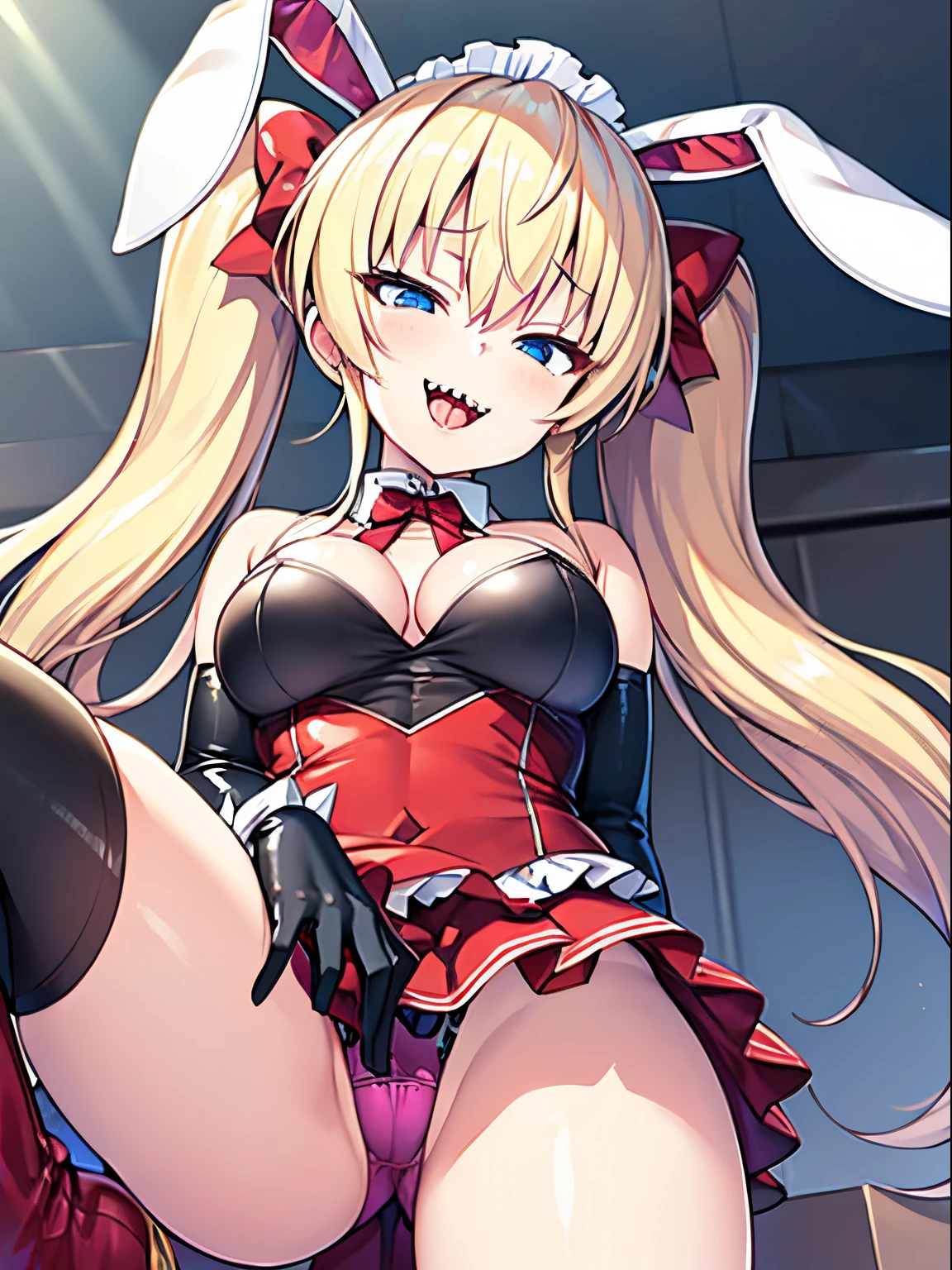 (Front Focus),(simple background:1.1), (Masterpiece, of the highest quality, best, Official art, Beautiful and aesthetic:1.2), game cg, Highly detailed and realistic CG, Colorful, Masterpiece, Best Quality, jewel-like eyes, 1girl, solo, (blonde hair:1.5), shiny hair, very long straight hair, twintails, slender, skinny legs, magical girl, prity dress, party dress, black bunny suit, layered mini skirt, panty shot, pink pants, spiky boots, zettairyouiki, black eyes, empty eyes, bursting breasts, sagging breasts, cleavage, black elbow gloves, latex, smirk, smile, jig eyes, jitome, half-closed eyes, tsurime, from below, best quality eyes, sharp teeth, tsundere, leaning forward, hand on cheek, teasing, smug, open mouth, fangs, tongue out, (Sharp Focus:1.2), big ribbon, cute headdress, luxury boots, shiny skin, bunny ears headband, from below,