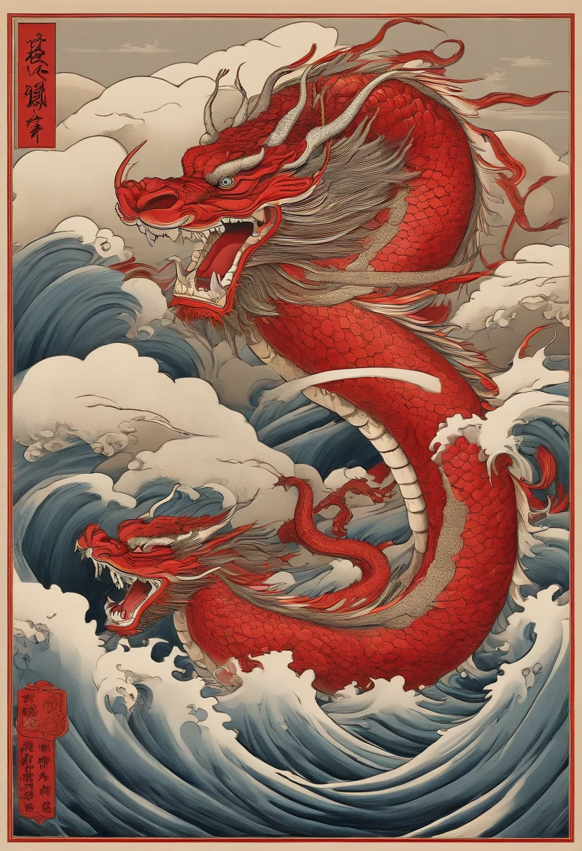 This ukiyo-e style poster design features a sea of red, Red Chinese dragon in ink painting, and a combination of dragons, As a water god, Dragon King, Living in the North Sea, Control thunderstorms at sea,Traveling among the sea of clouds,an ancient Chinese god, turtle, drank, The large, Stony, Super sharp,Realistic details,Auspicious clouds, depth of fields, Divine Thunder, fantasy coloring, romanticism lain, artistic décor, 电影灯光, depth of fields, spark of light, god light, ray traycing, ultra-wide-angle, first person perspective, wide wide shot, hyper HD, high high quality, high detal, ctextured skin, Best quality