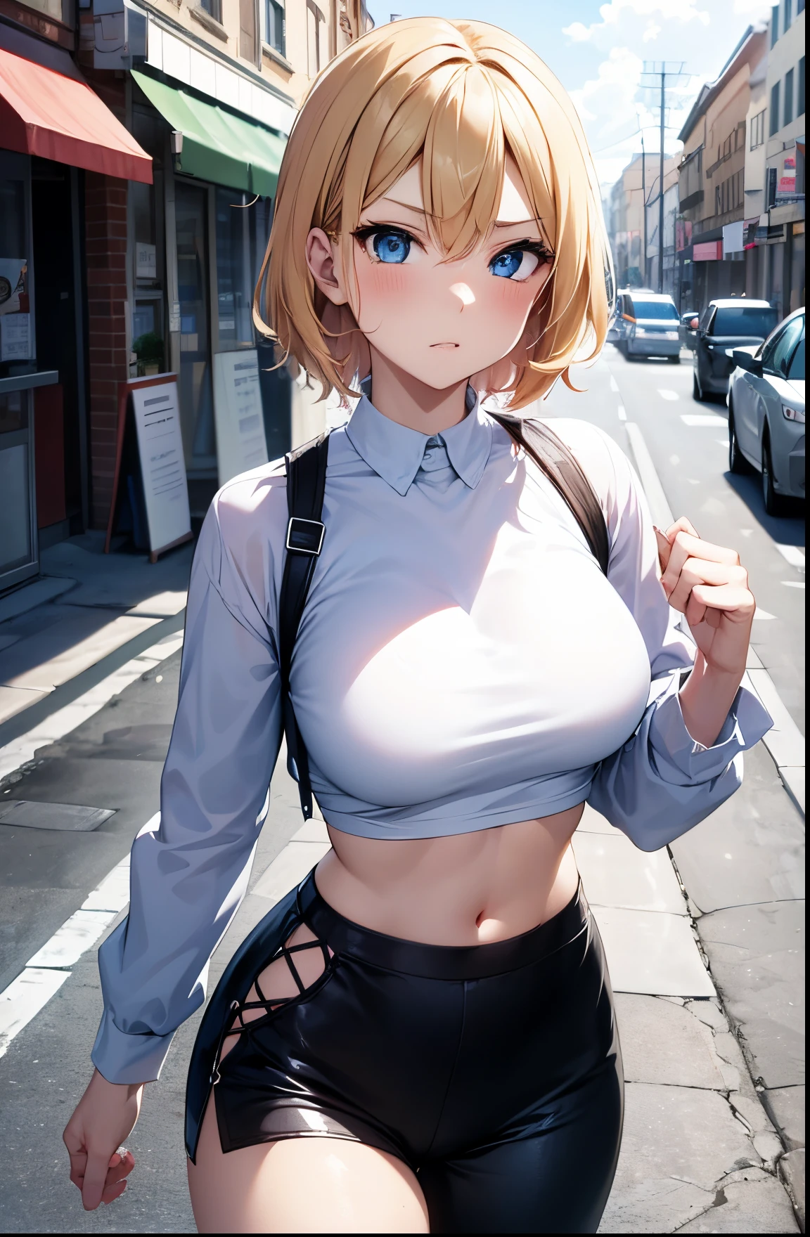 2D Anime Style、Blue eyes、Beautiful shining eyes, (Talented lo-fi:1.3),breasts are slightly larger、high and beautiful nose,Beautiful profile with a slender outline,A cool adult woman with short blonde hair and an angry expression.....................、Fashion that shows off your stomach, he is wearing a net top and pants。。。。。。..,walking down the streets of america,