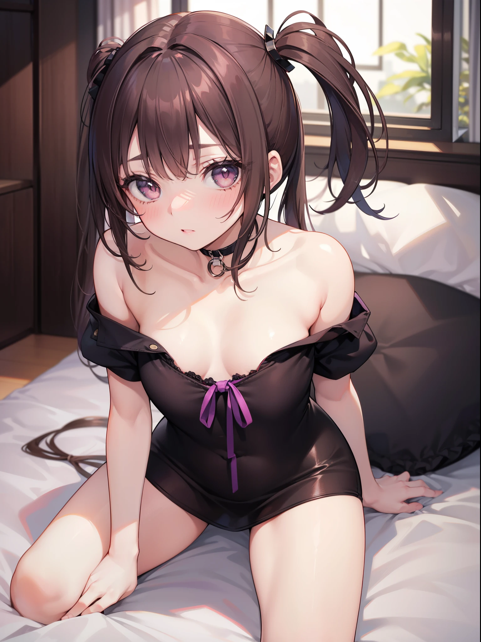 Cute sexy girl, The brunette is tied into two medium ponytails, Suggestive sexy eyes, dark brown colored eyes, small-nose, red open suggestive lips, Blushing terribly, coll, 鎖骨, Oversized purple T-shirt, Bare shoulders, medium chest circumference, Chopping, Wide hips, pink short, Thigh thick, pretty legs, duty posture, Lie down in bed, facing to audience, look, Lewd expression, sexy for, dark chamber, A warm light