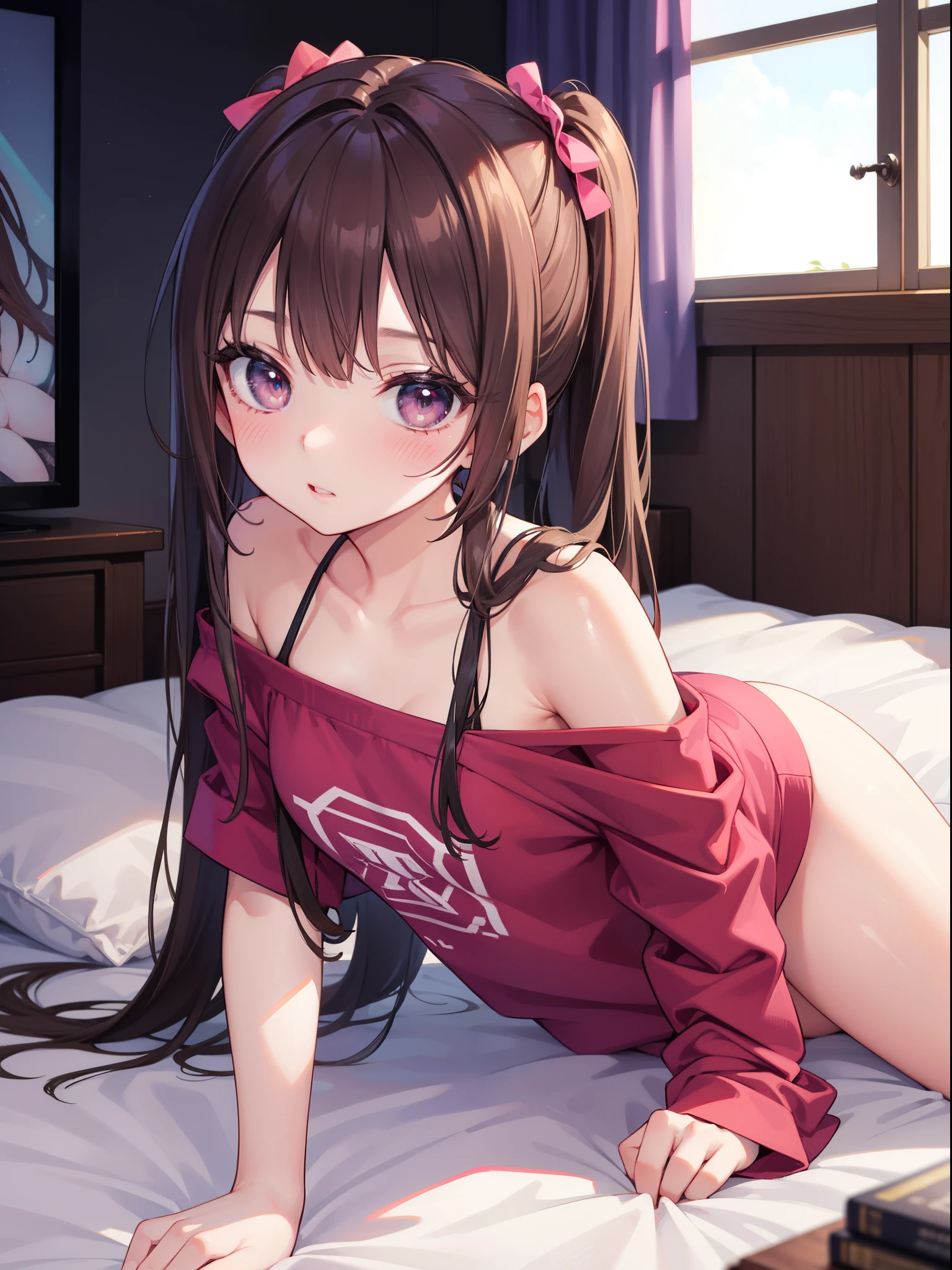 Cute sexy girl, The brunette is tied into two medium ponytails, Suggestive sexy eyes, dark brown colored eyes, small-nose, red open suggestive lips, Blushing terribly, coll, 鎖骨, Oversized purple T-shirt, Bare shoulders, medium chest circumference, Chopping, Wide hips, pink short, Thigh thick, pretty legs, duty posture, Lie down in bed, facing to audience, look, Lewd expression, sexy for, dark chamber, A warm light