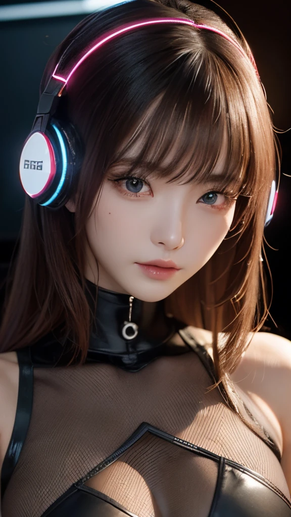 ​masterpiece, 1 beautiful girl, Detailed eye, Swollen eyes, top-quality, 超A high resolution, (reality: 1.4), 电影灯光, japanes, a asian beauty, very extremely beautiful, Beautiful skins, A slender, Forward-facing body, (A hyper-realistic), (hight resolution), (8K), (ighly detailed), ( Best Illustration), (beautifully detailed eyes), (ultra-detailliert), 详细的脸, Bright lighting, Professional Lighting、The background is a cyberpunk room with a large number of monitors..、The cord is connected from the costume、Hair color is red、headset on head、small tattoo on face、Female Game Commentator