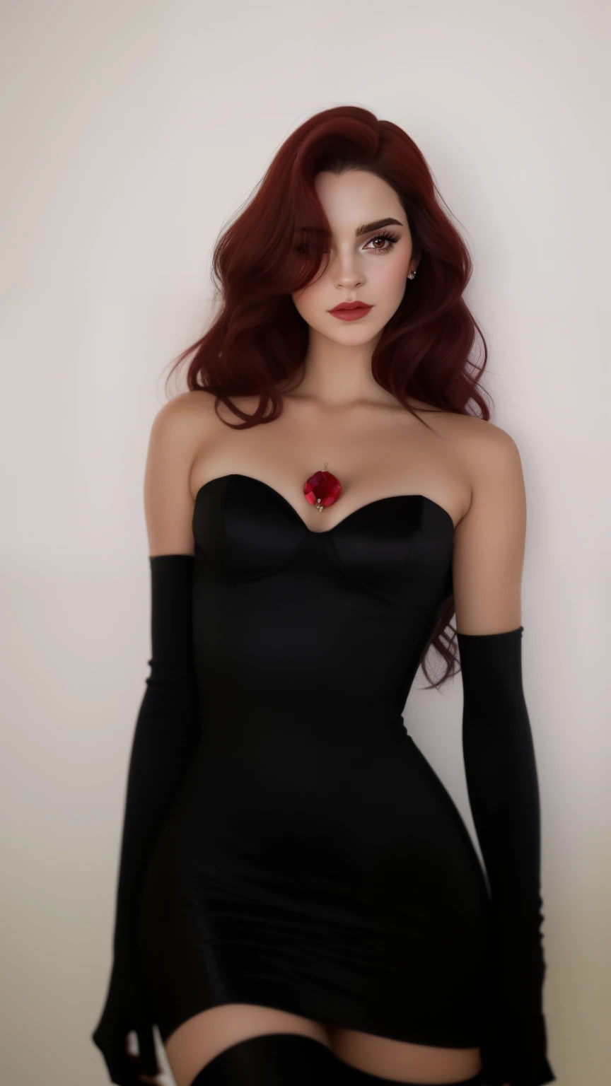 um close de uma mulher em um vestido preto com uma rosa no ombro, Jessica Coelho, she is the queen of black roses, Emma Watson como Jessica Rabbit, Hera venenosa de Batman, inspirado em Jessie Alexandra , inspirado em Leonor Fini, inspirado em Tex Avery, Deusa dos cabelos ruivos, inspirado em Aaron Nagel, com longos cabelos ruivos