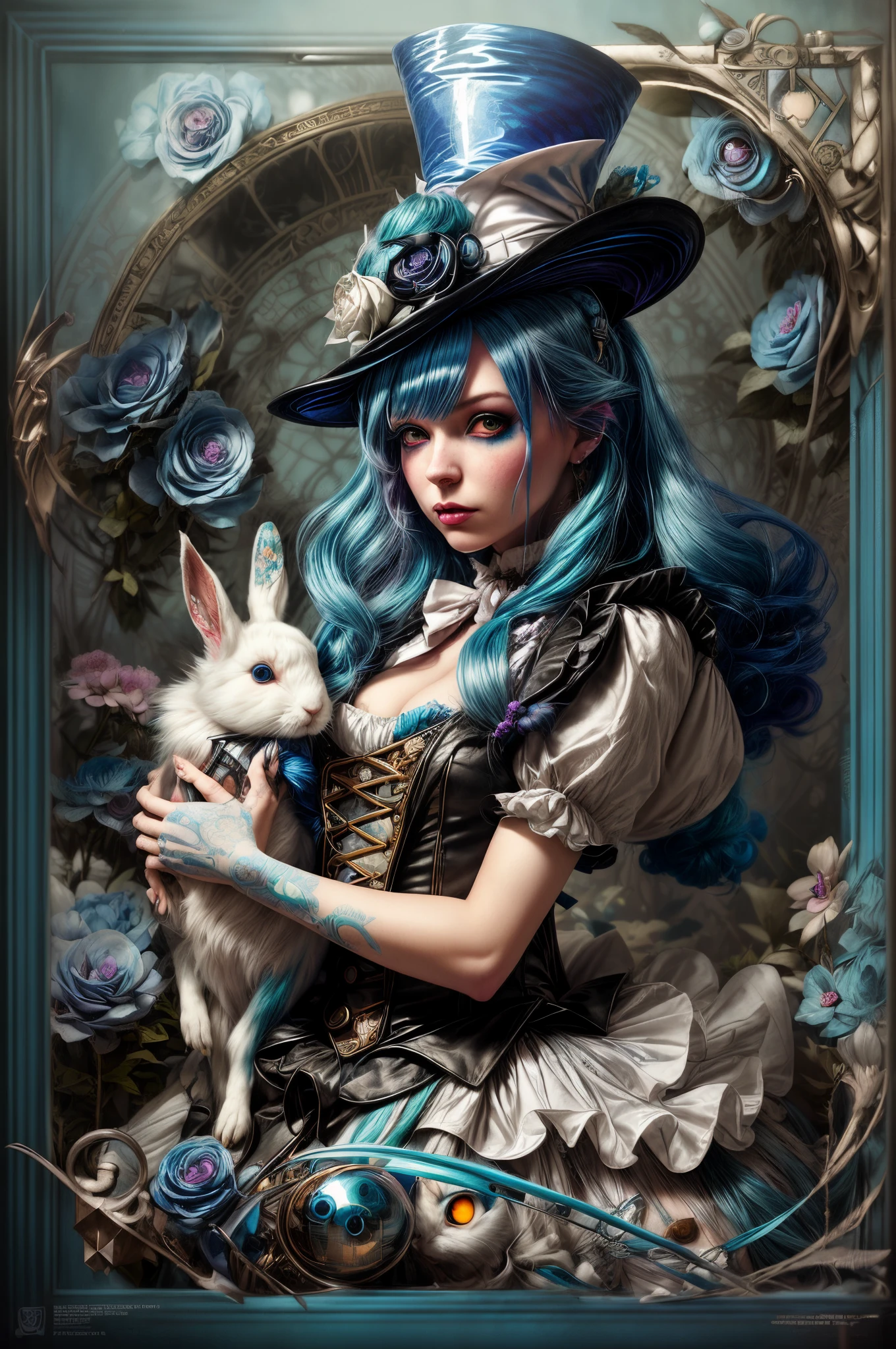 Rough image of a blue-haired woman holding a rabbit, fantasy victorian art, Beeple and Jeremiah Ketner, like alice in wonderland, rococo cyberpunk, portrait of alice in wonderland, gothic fantasy art, beautiful fantasy art portrait, natalie shau, fantasy art portrait, in style of anna dittmann, artgerm julie bell beeple