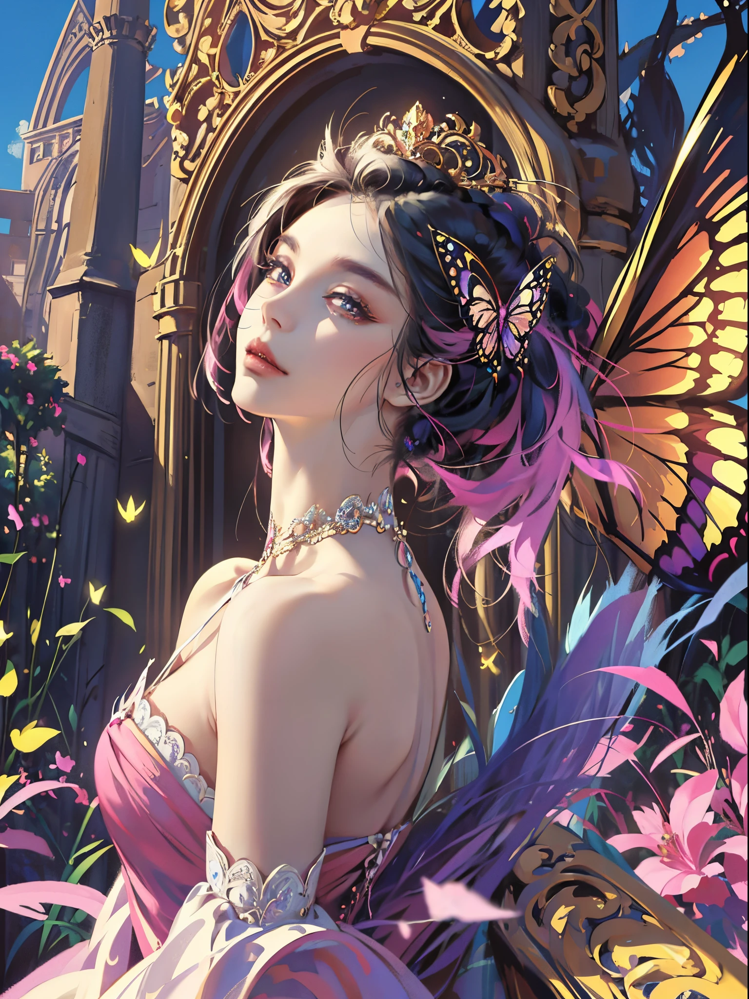 Butterfly motif、magenta undertone、Vibrant colors、((masterpiece)))、(((top-quality)))、((ultra-detailliert))、(A hyper-realistic)、(highly detailed CGillustration)、Official art、Rome at the beginning of the 20th century、Decadent、Madame Papillon、Cool Beauty、Masquerade、refinement、Elegance、Gorgeous、matchless beauty、Fans、gorgeous dress、jewely、Female Solo、Perfect Angle、perfect-composition、Face Close-up