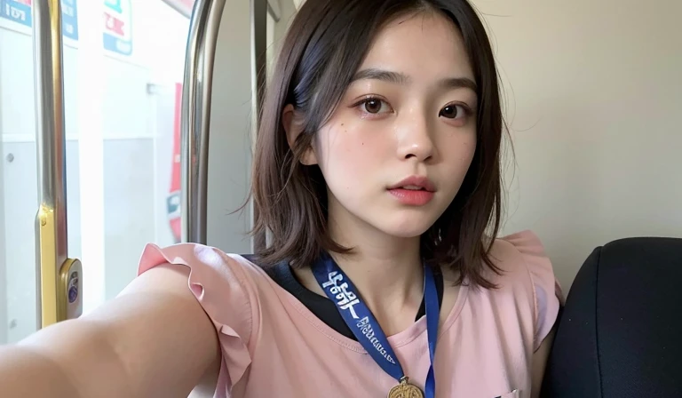 teens girl,short detailed hair,Have a fake ID,Red robe,Pouting,Serious eyes,The ID card is in a conspicuous place,Holding objects,adolable,Leaky chest