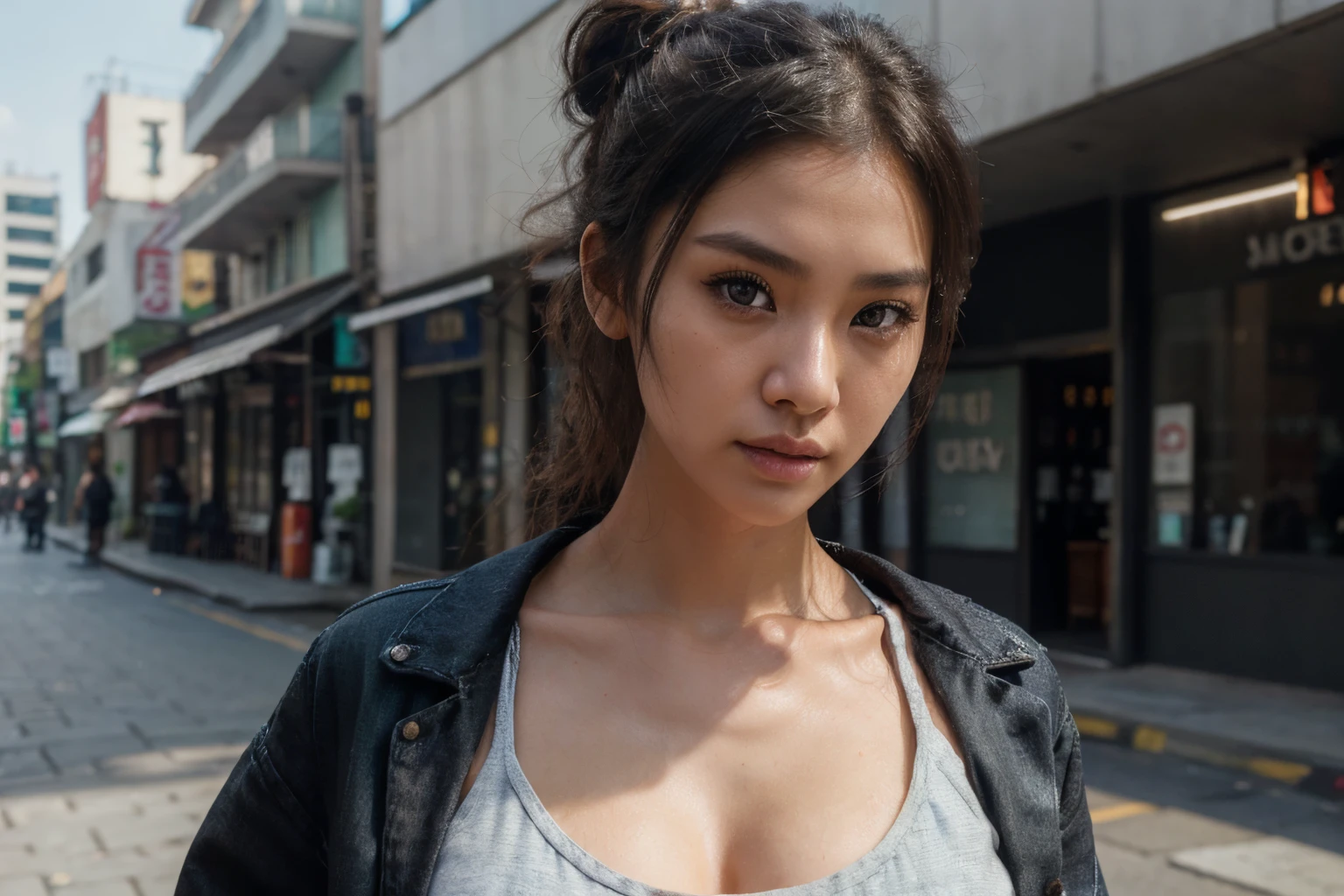 beautiful korean model with hair using black tank top with denim jacket, detail face, she have a very bright eyes, realistic face, detail face, realistic skin, skin pore, vibrant, dramatic lighting, 8k resolution picture, high detail on the photo, very realistic picture, dramatic lighting, fullbody, depth, shadow, dramatic shadow, one of a kind photo, sharp photo, sharpness on the detail, looking at the camera, half body view, (((Best Quality, masutepiece: 1.3)), long hair, ultra high res. photorealistic:.1.4, street background, cinematic lighting, bloom, film grain, Fujicolor, high quality, masterpiece, 8K, UHD, UHD, retina, textured skin, super detail, high details, highres, 16k resolution, award winning, high quality, high details, super detail, messy bun hair, wulan guritno