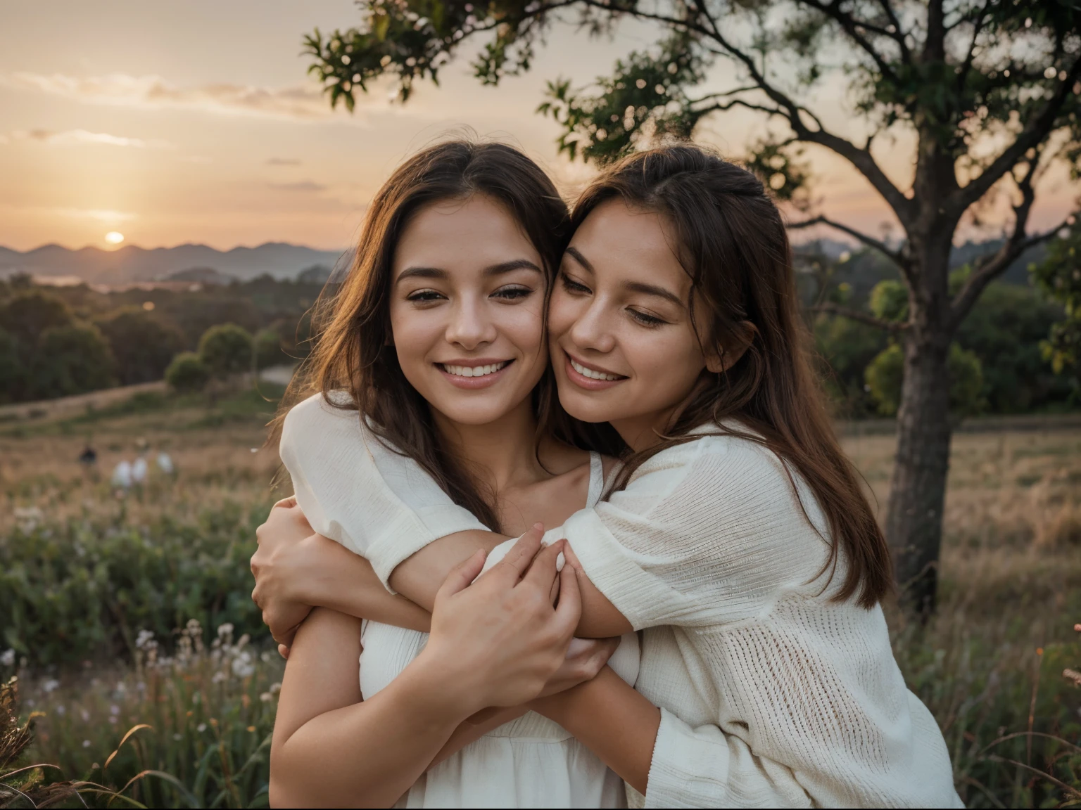 (best quality,4k,8k,highres,masterpiece:1.2),ultra-detailed,(realistic,photorealistic,photo-realistic:1.37),Group of people hugging outdoors,beautiful detailed eyes,beautiful detailed lips,extremely detailed eyes and face,longeyelashes,joyful atmosphere,warm sunlight,embrace,harmony,happiness,sunset,playful laughter,grass field,serene background,gentle breeze,loving touch,meaningful connection,vibrant colors,expressive facial expressions,outdoor scenery,blissful moment,natural lighting,positive emotions,smiling faces,family and friends together,memories to cherish,heartwarming scene,friendship and love,inner peace and tranquility,affectionate gestures,unity,memorable sunset,dusk,joyful bonding,cozy and relaxed atmosphere,serenity in nature,hope and optimism,connecting with nature,forever in our hearts,warm embrace,lifelong friendship,sun-kissed skin,capturing precious moments