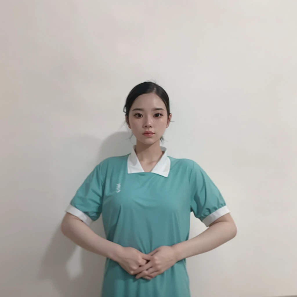 there is a woman that is standing in front of a wall, my spirit, Tomorrow Tran Brothers, girl, healthcare worker, professional picture, 2 8 years old, Ruan cute vtuber, Huang Longli, 2 7 years old, 2 9 years old，Don&#39;t change your character&#39;s clothes，Maintain character&#39;s clothing and facial features，Waist a little thinner，The wall background color is the same as the clothes color