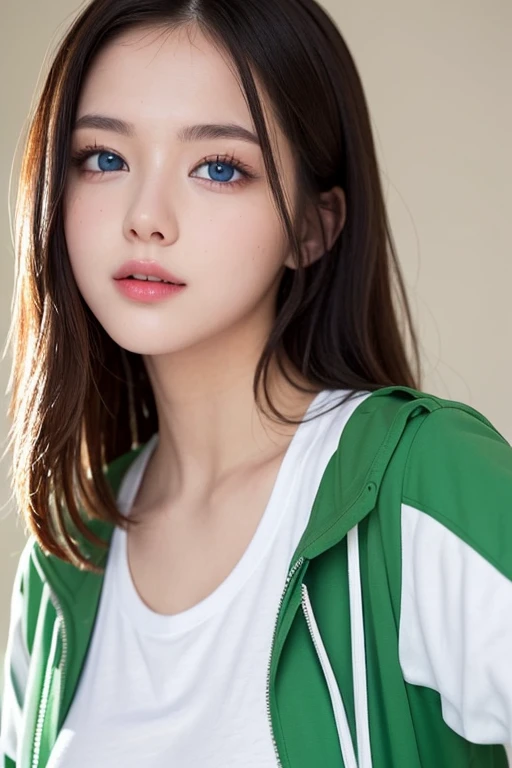 a beauti,eBlue eyes,long whitr hair,White T-shirt,Green jacket((Best quality at best)), ((tmasterpiece)), (Detailed pubic hair), s the perfect face