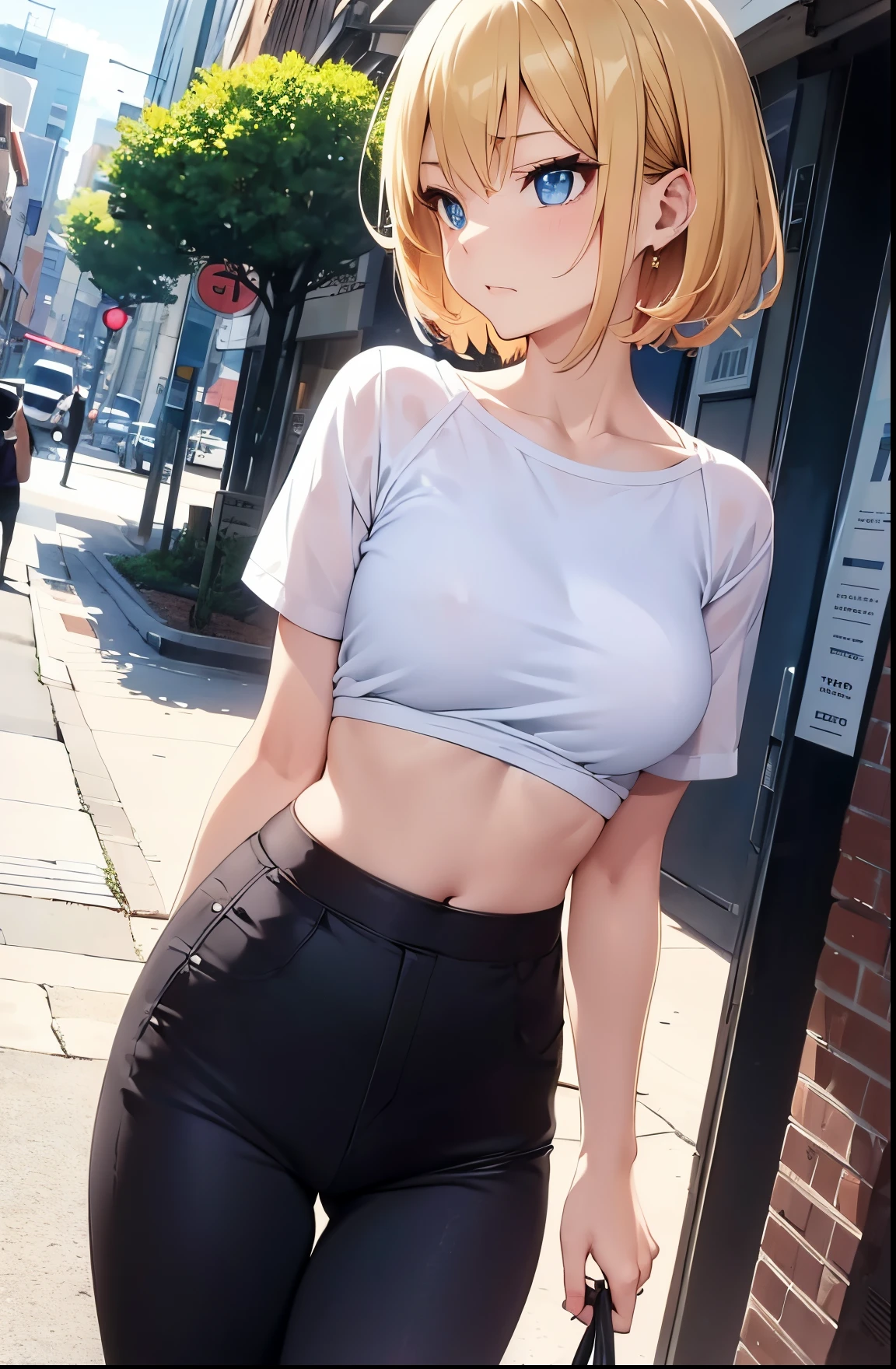 2D Anime Style、Blue eyes、Beautiful shining eyes, (Talented lo-fi:1.3),breasts are slightly larger、high and beautiful nose,Beautiful profile with a slender outline,A cool adult woman with short blonde hair and an angry expression.....................、Biting your lip,Fashion that shows off your stomach, he is wearing a net top and pants。。。。。。..,walking down the streets of america,