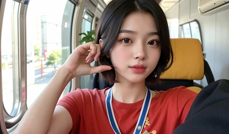 There is a woman sitting on the bus，Medal in hand,Thai girl, Ruan cute vtuber, sakimi chan, xintong chen, chiho, Sam rice cereal, Short hair details, 8K selfie photo, ruan jia beautiful!, yun ling, The girls&#39; The avatar is cute and exquisite, young and lovely Asian face, ssmile