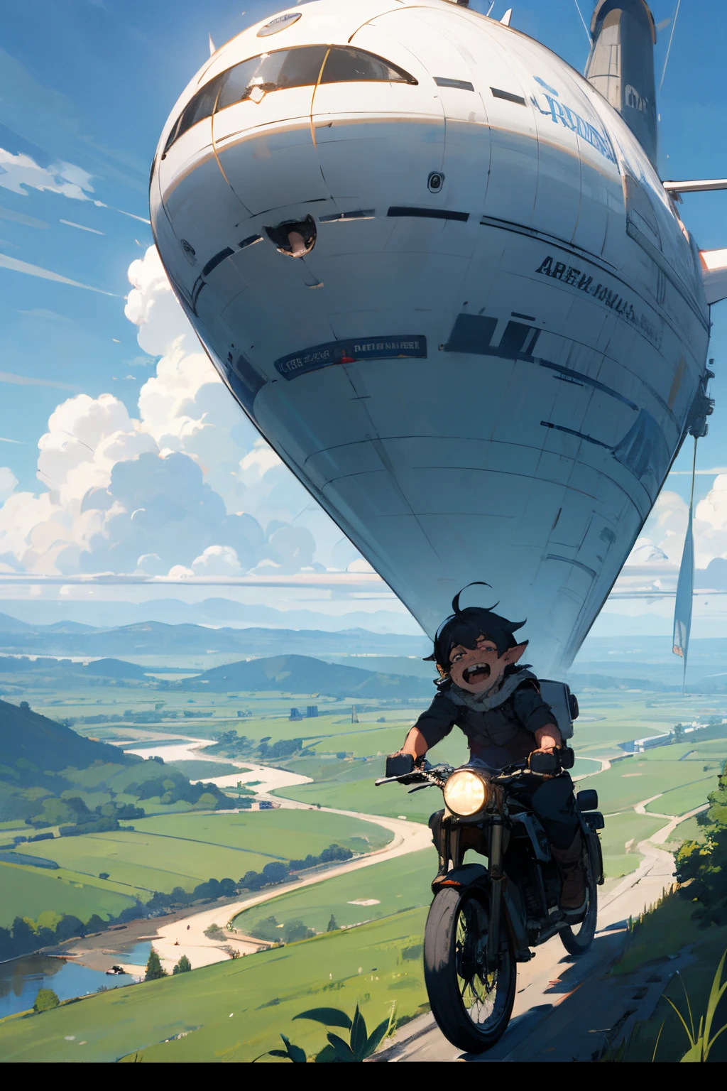 a future city，Airship，Cloud，There are rivers and forests below，In the close shot, there is a cute orc child riding a hoverbike and laughing.，Riding on the motorcycle was another frightened orc child.，high detal，k hd，16:9 picture ratio