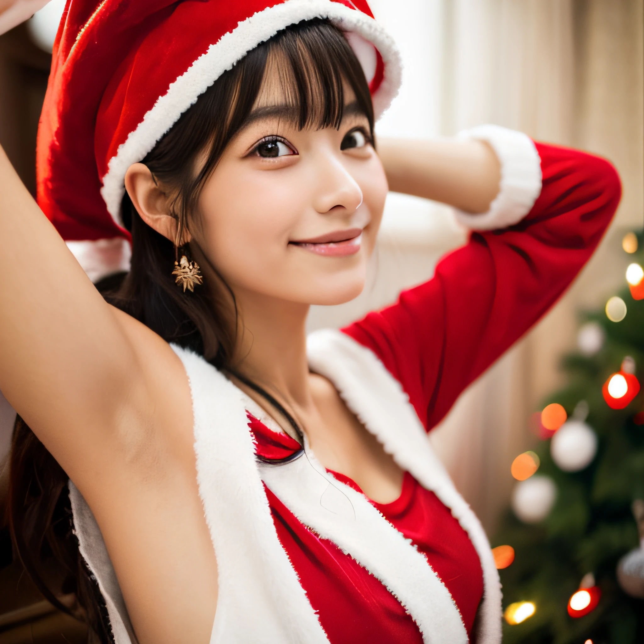 Photo of a cute Japanese woman、Dressed in Santa Claus costume、red clothing、Raising his hand to show his armpits、Clean armpits、Natural Skin、in a house、Christmas tree background、(top-quality、{Armpit close-up},1.2)