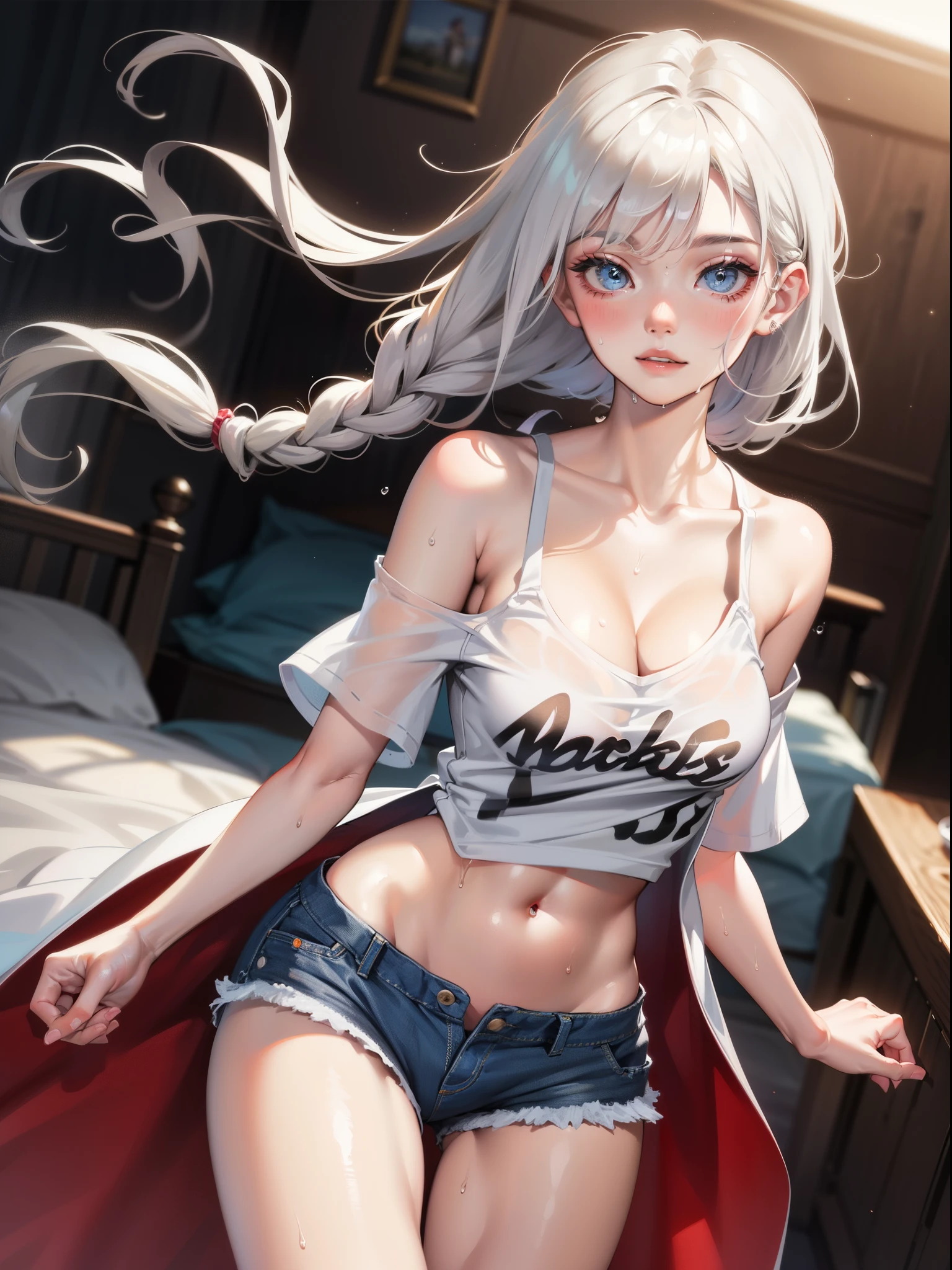 realistic, 1girl, Hair braids, parted lips, blush, makeup, slim, perfect body, light smile, white hair, denim shorts, t-shirt , bedroom background , wet clothes, glow, thighs, blue eye, bare shoulders, collarbone, narrow waist, sunbeam, sunlight, rose, wind, cleavage, (masterpiece), sweat,