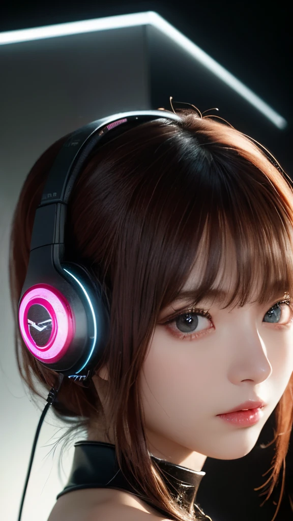 ​masterpiece, 1 beautiful girl, Detailed eye, Swollen eyes, top-quality, 超A high resolution, (reality: 1.4), 电影灯光, japanes, a asian beauty, very extremely beautiful, Beautiful skins, A slender, Forward-facing body, (A hyper-realistic), (hight resolution), (8K), (ighly detailed), ( Best Illustration), (beautifully detailed eyes), (ultra-detailliert), 详细的脸, Bright lighting, Professional Lighting、The background is a cyberpunk room with many monitors..、The cord is connected from the costume、Hair color is red、headset on head、small tattoo on face、Female Game Commentator、Fantastic lighting、Fantasy Art