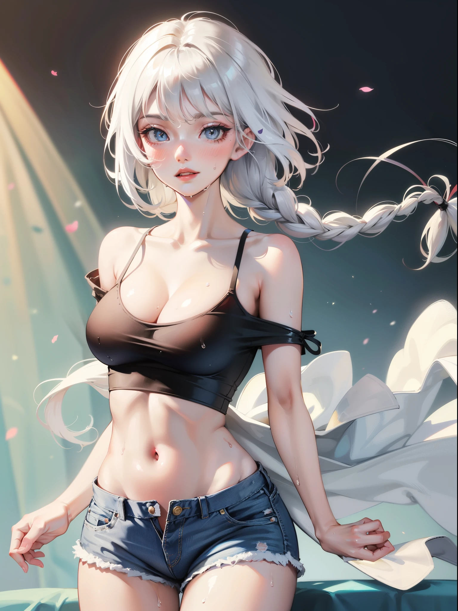 realistic, 1girl, Hair braids, parted lips, blush, makeup, slim, perfect body, light smile, white hair, denim shorts, t-shirt , bedroom background , wet clothes, glow, thighs, blue eye, bare shoulders, collarbone, narrow waist, sunbeam, sunlight, rose, wind, cleavage, (masterpiece), sweat,