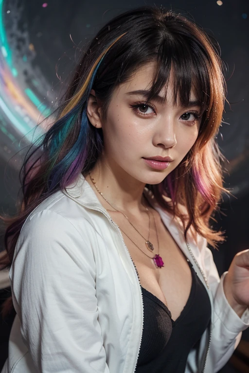 Close-up of a woman with colorful hair and necklace, anime girl with cosmic hair, Rossdraws' soft vibrancy, Gouviz-style artwork, fantasy art style, colorful], vibrant fantasy style, Rossdraws cartoon full of energy, cosmic and colorful, Guweiz, colorful digital fantasy art, stunning art style, beautiful anime style, white skin, night coat,