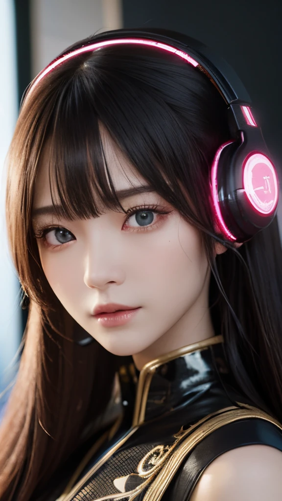 masterpiece, 1 beautiful girl, Detailed eye, Swollen eyes, top-quality, 超A high resolution, (reality: 1.4), 电影灯光, japanes, a asian beauty, very extremely beautiful, Beautiful skins, A slender, Forward-facing body, (A hyper-realistic), (hight resolution), (8K), (ighly detailed), ( Best Illustration), (beautifully detailed eyes), (ultra-detailliert), 详细的脸, Bright lighting, Professional Lighting、The background is a cyberpunk room with many monitors..、The cord is connected from the costume、Hair color is red、headset on head、small tattoo on face、Female Game Commentator、Fantastic lighting、Fantasy Art
