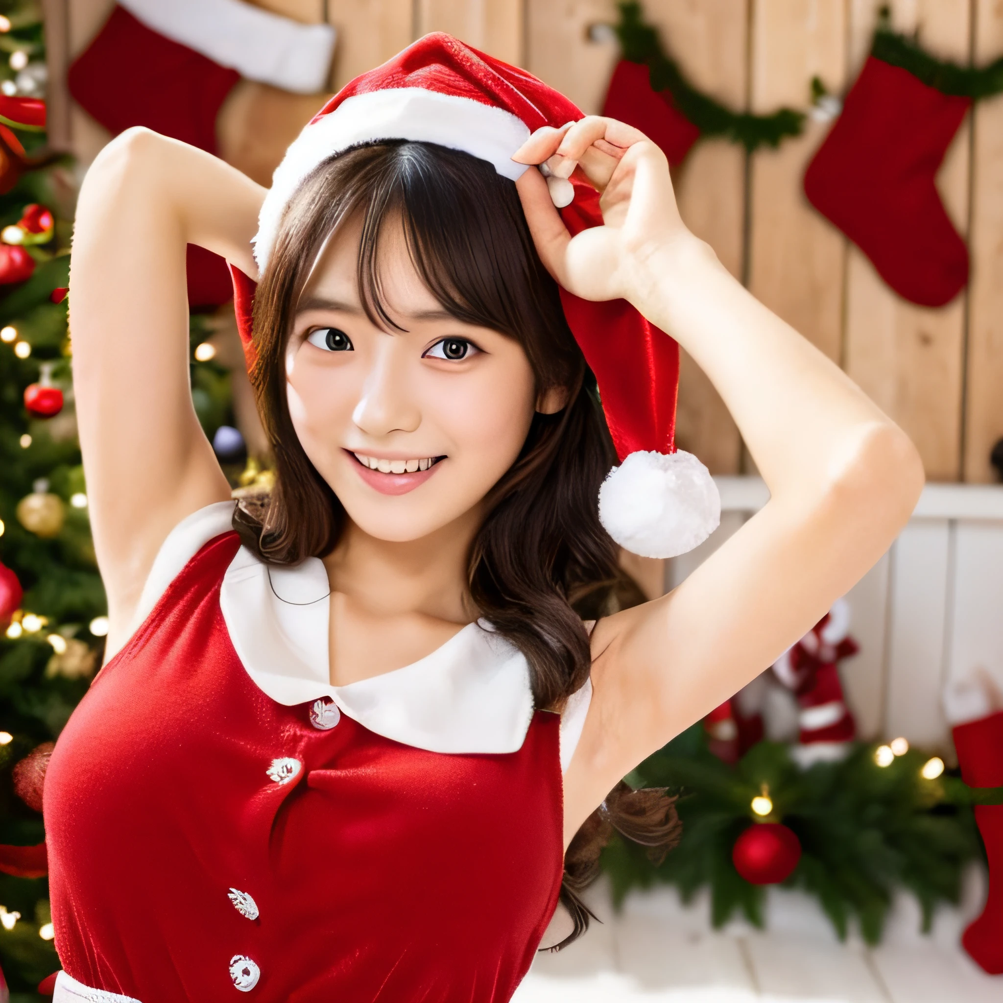 she is a cute korean girl、Brown bob cut hair、Big green eyes、breasts are small、santa claus cosplayer、Christmas Background、
